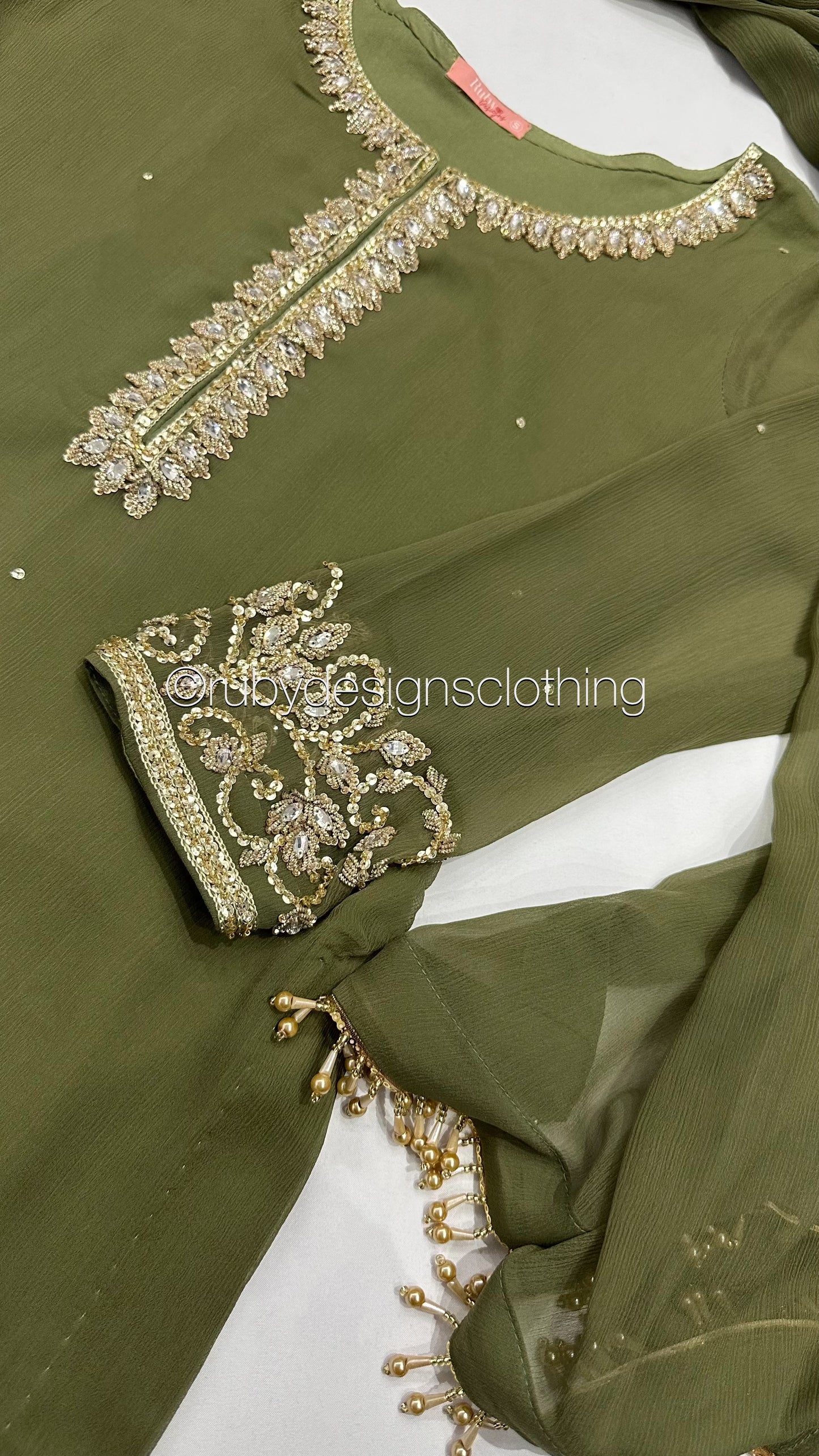 SOFIA Olive - 3 Piece Olive Chiffon Suit with Gold Handwork