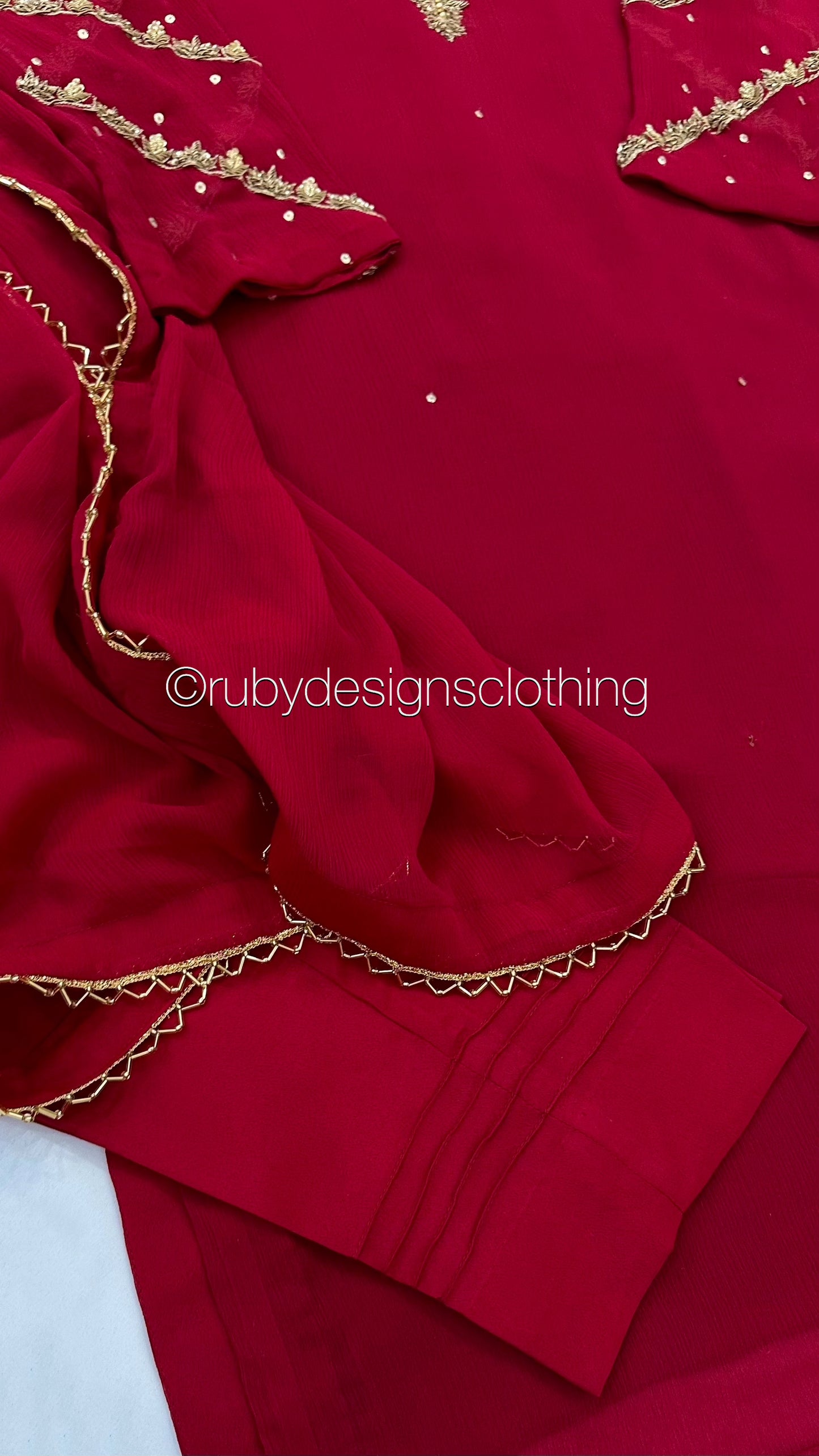 IRHA Red - 3 Piece Chiffon Suit with Gold Handwork (8068330946773)