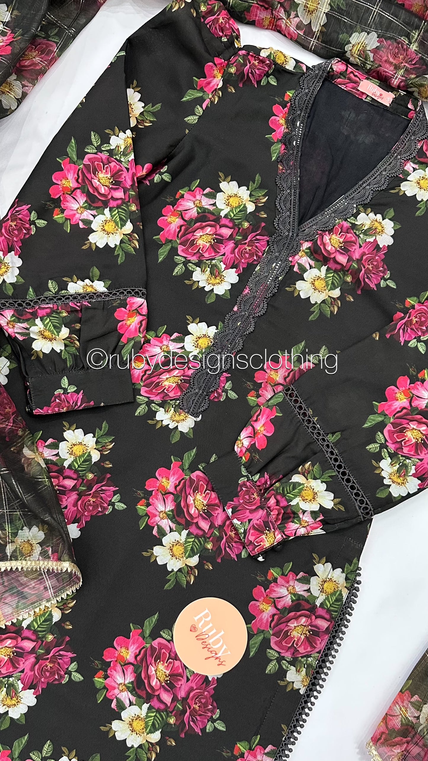 AFSHEEN Black - 3 Piece Black Floral Print Swiss Lawn Suit with Organza Dupatta