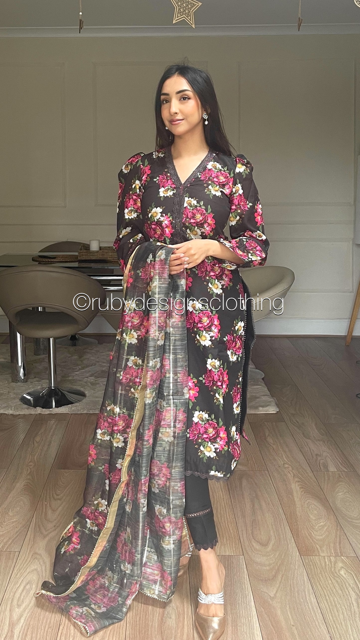 AFSHEEN Black - 3 Piece Black Floral Print Swiss Lawn Suit with Organza Dupatta (8034682962133)