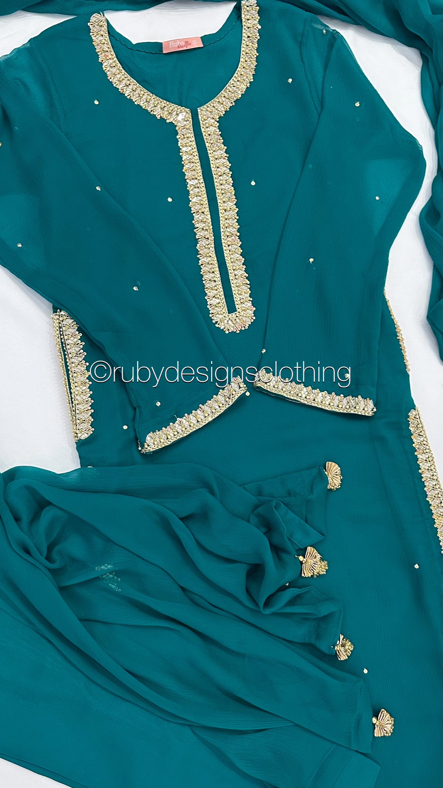 SARA Sea Green/Teal - 3 Piece Chiffon Suit with Pockets and Handwork