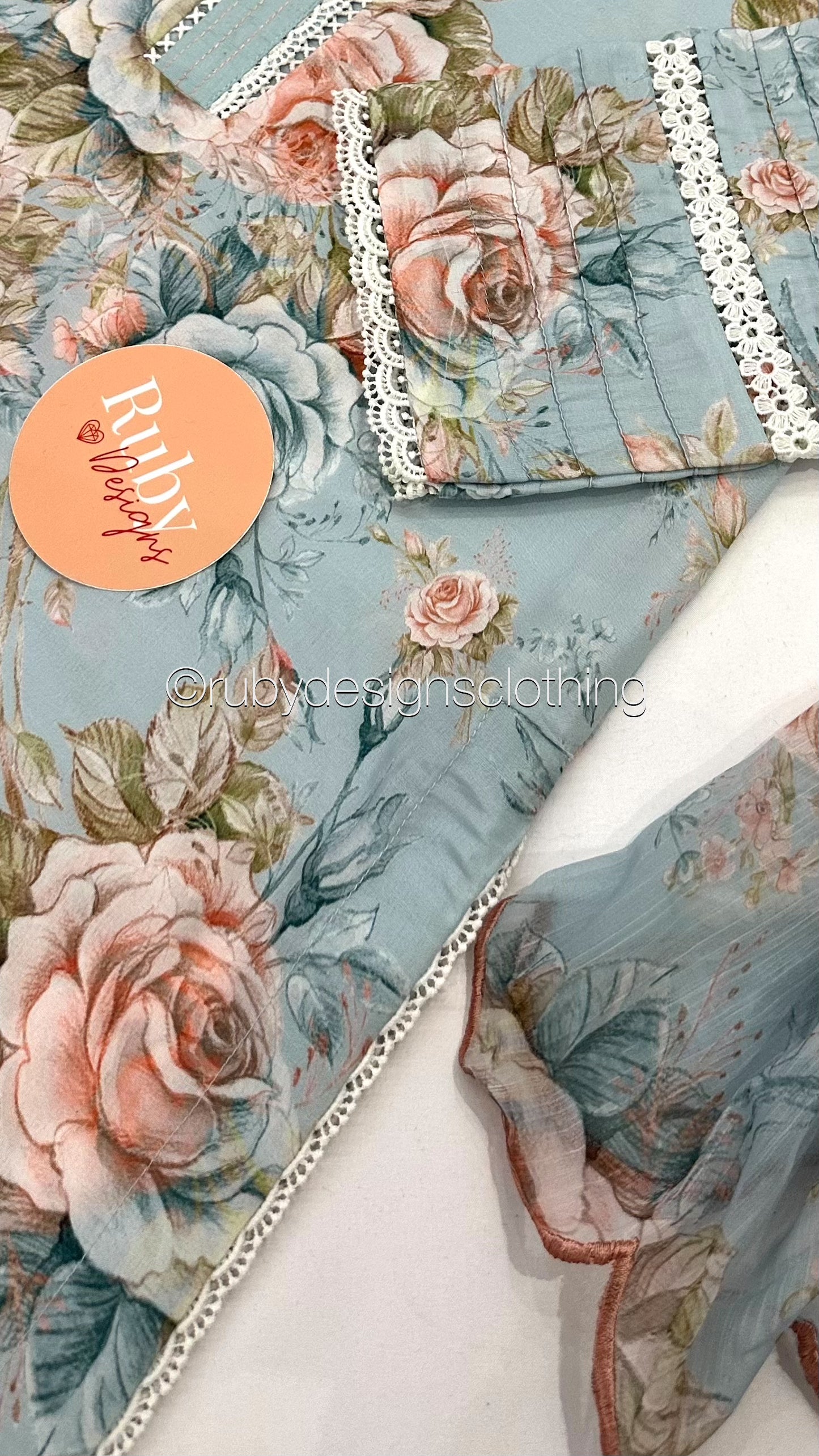 HAWA - 3 Piece Blue Floral Print Swiss Lawn Suit with Chiffon Dupatta
