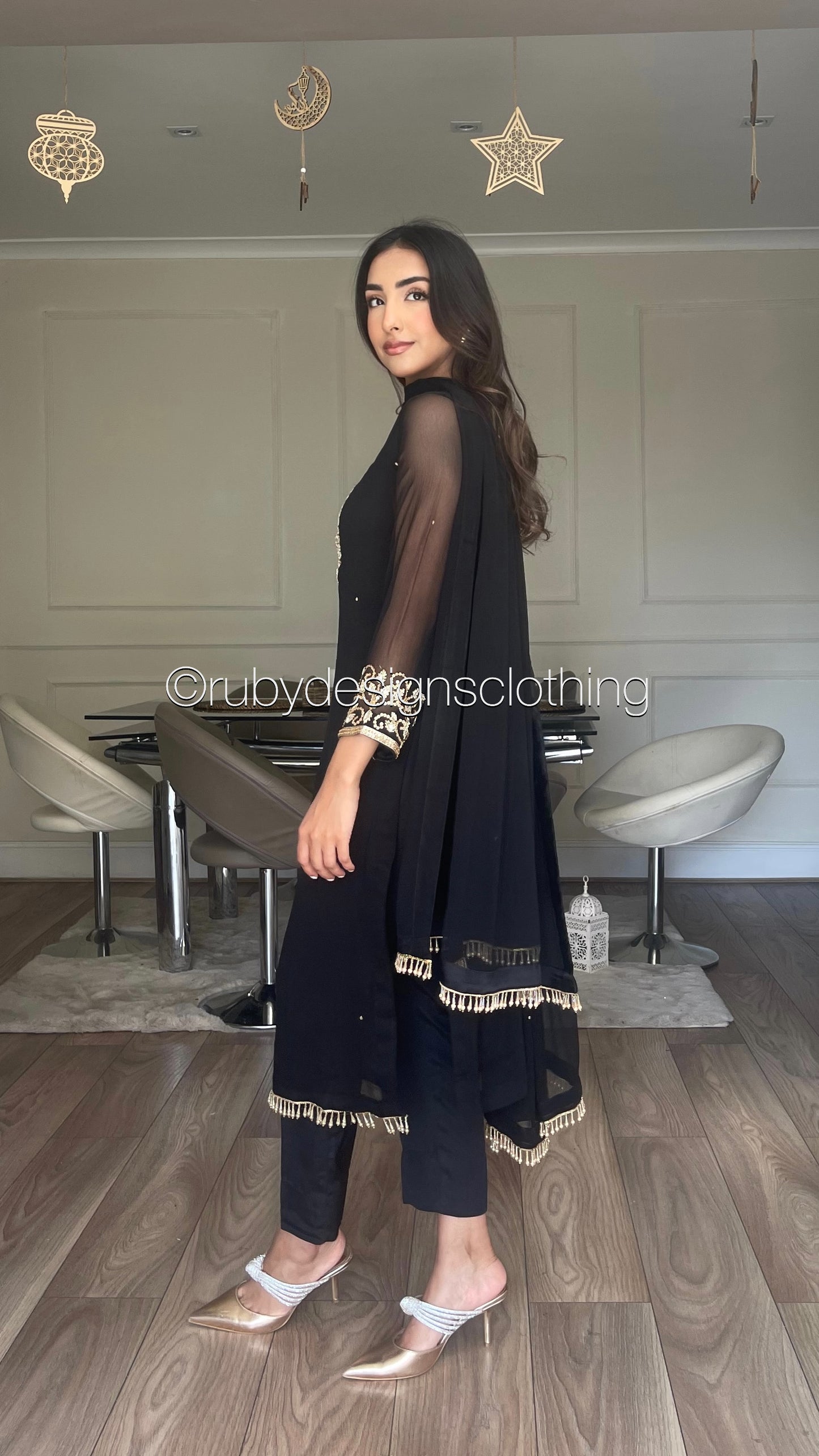 SOFIA Black - 3 Piece Black Chiffon Suit with Gold Handwork (8053043560661)