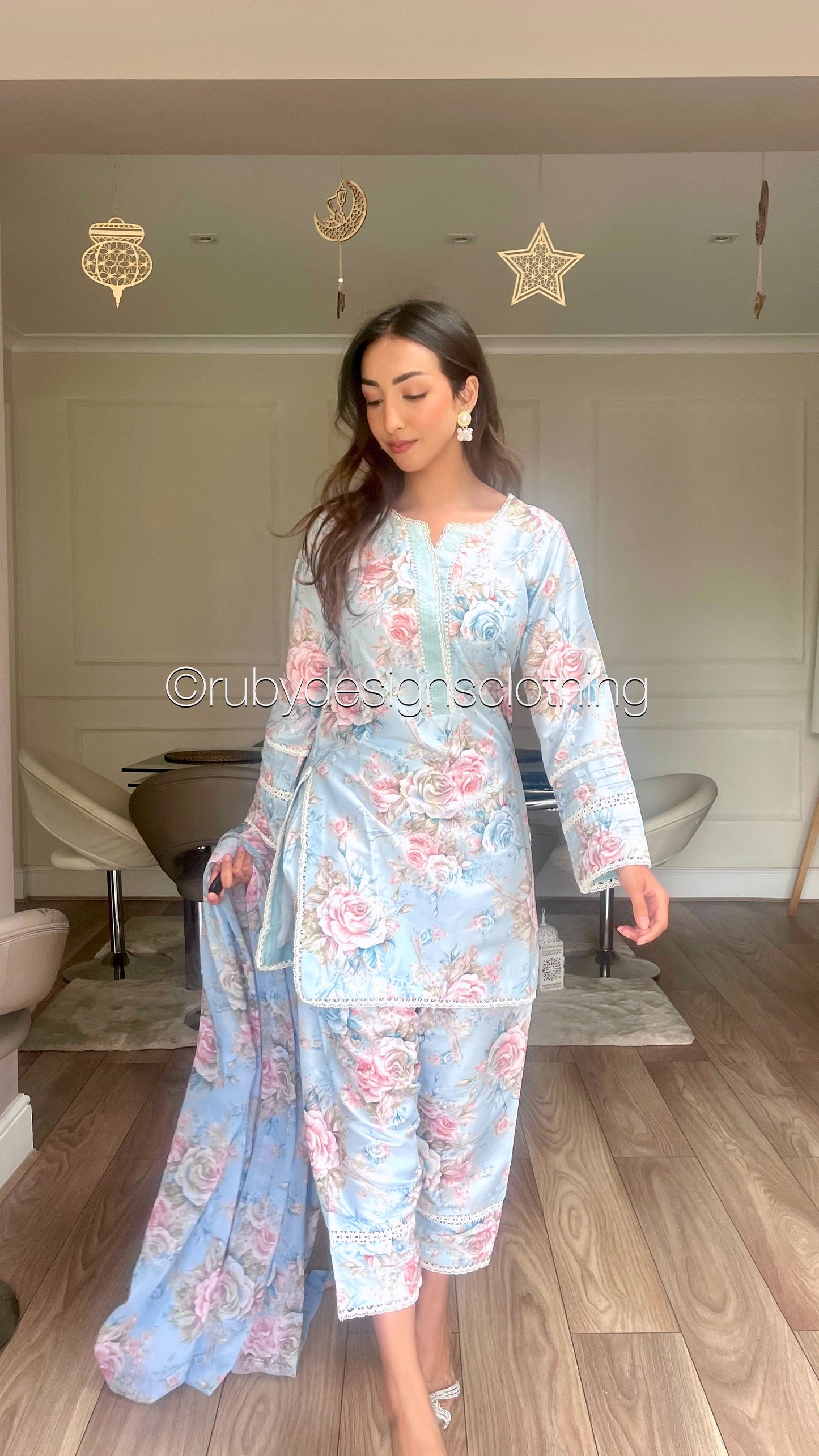 HAWA - 3 Piece Blue Floral Print Swiss Lawn Suit with Chiffon Dupatta (8022979018965)