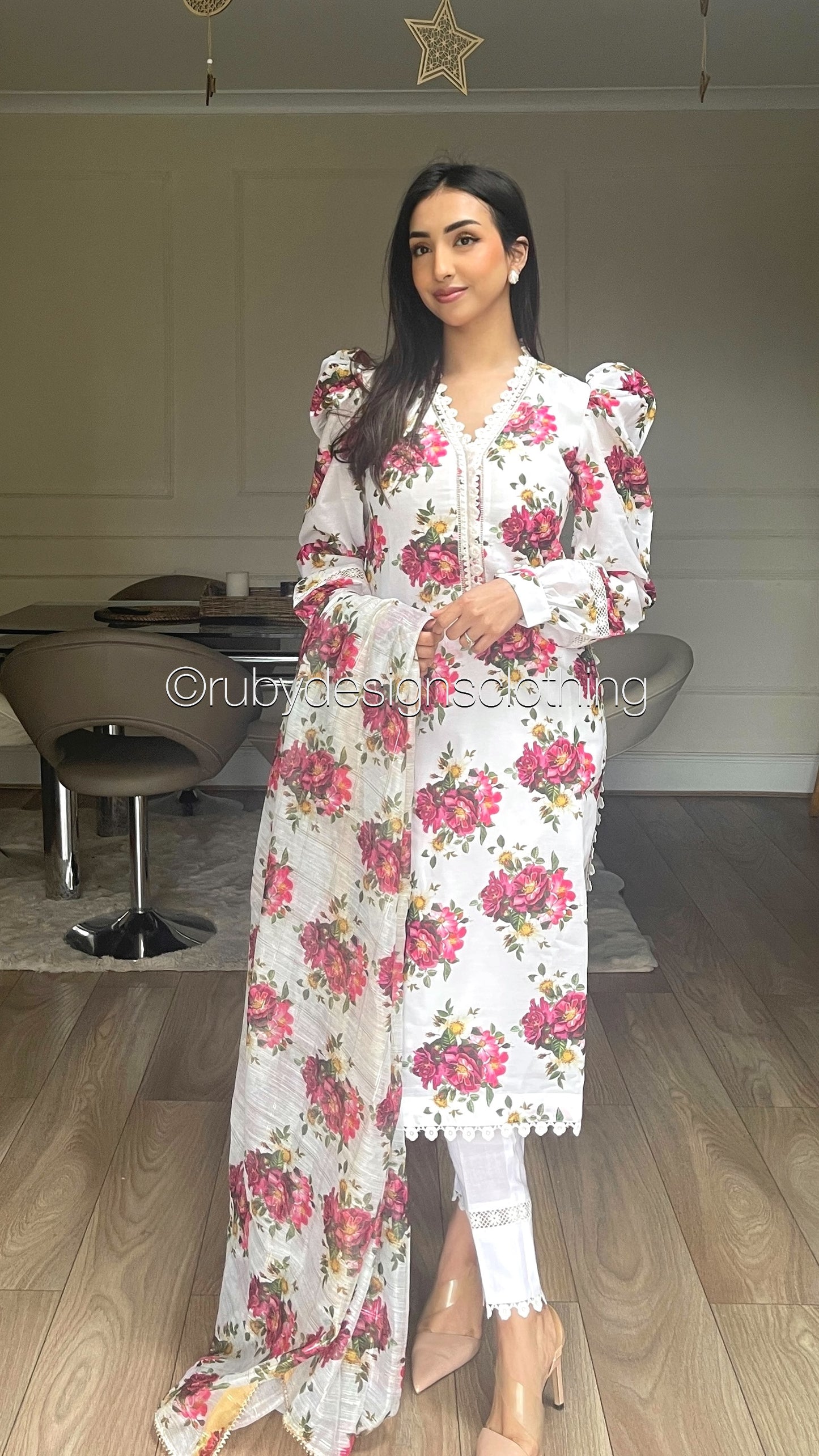 AFSHEEN White - 3 Piece White Floral Print Swiss Lawn Suit with Organza Dupatta (8034682896597)