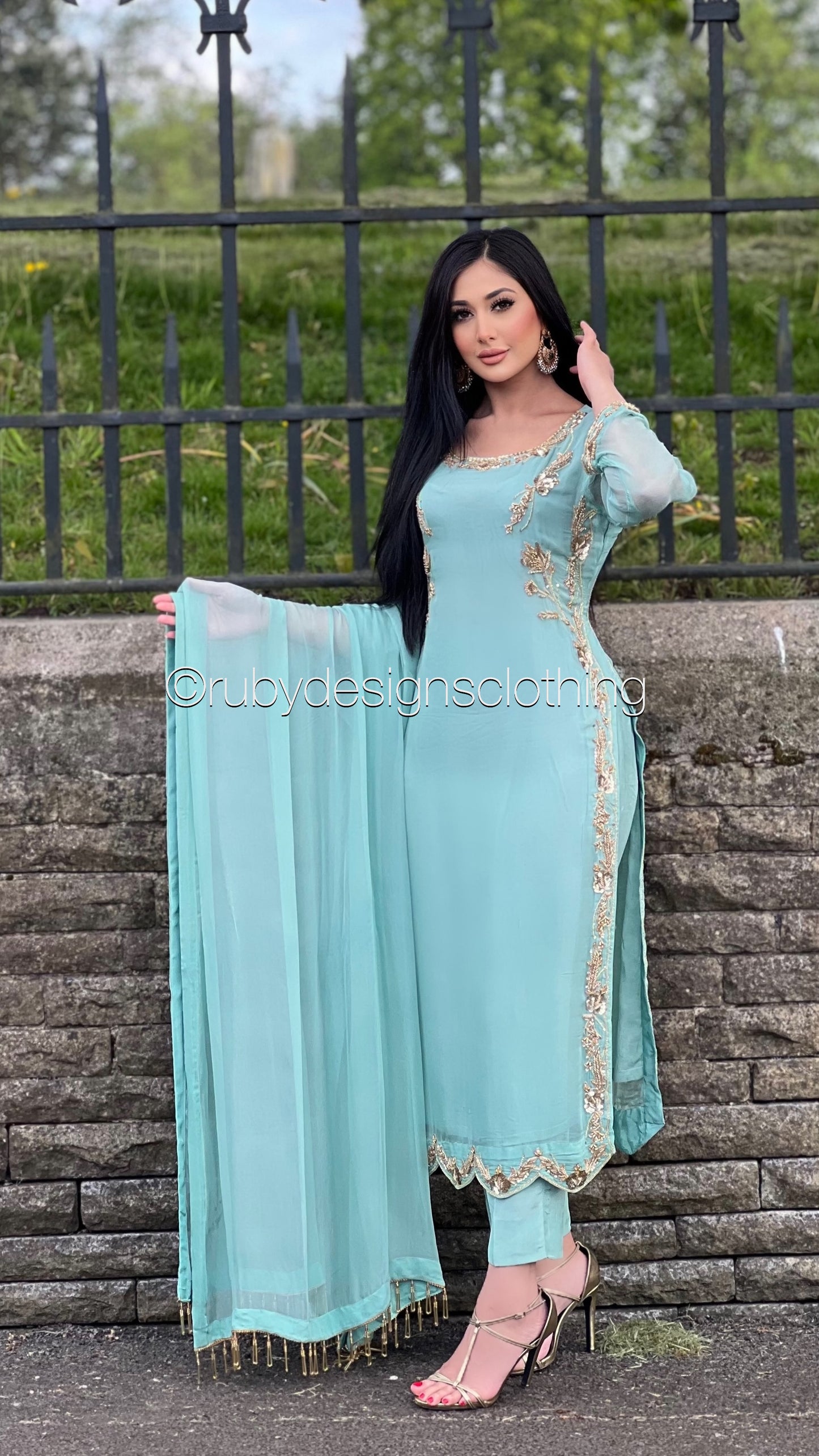 LIMITED EDITION SAMARA Mint - 3 Piece Chiffon Suit with Gold Hand Embellishment (8077672186069)