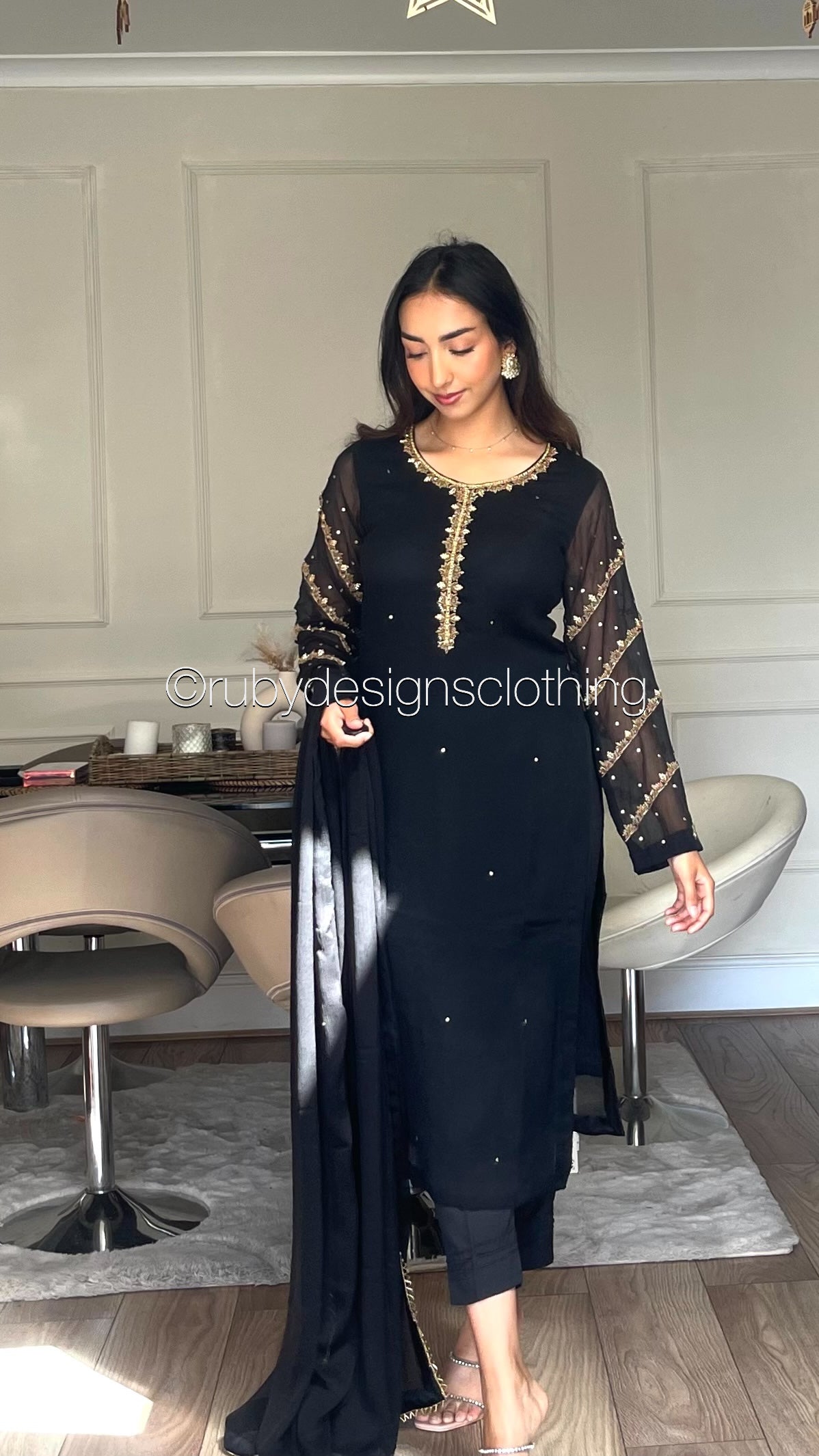 IRHA Black - 3 Piece Chiffon Suit with Gold Handwork (8068330979541)