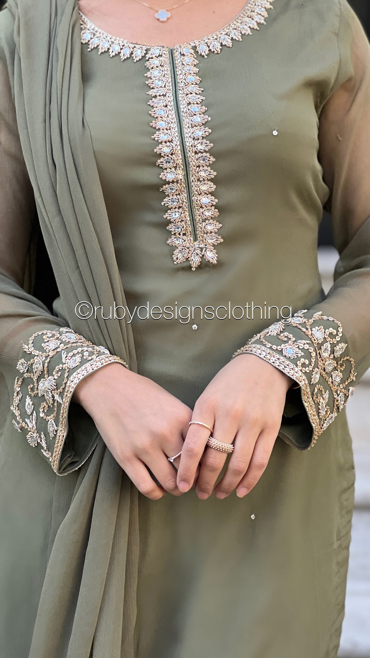 SOFIA Olive - 3 Piece Olive Chiffon Suit with Gold Handwork (8053043888341)