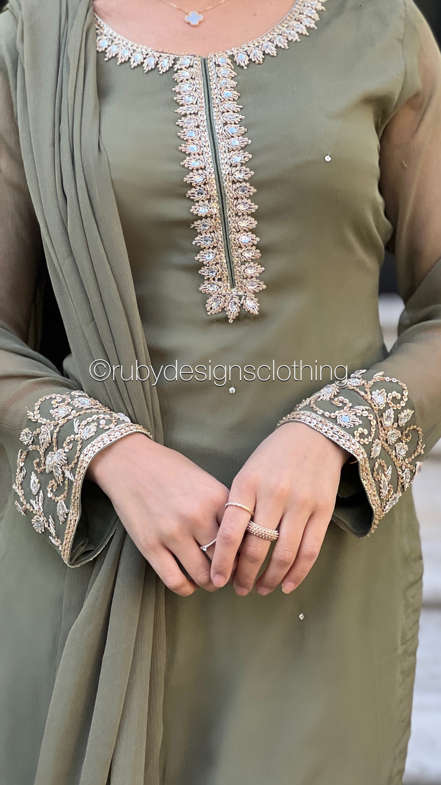 SOFIA Olive - 3 Piece Olive Chiffon Suit with Gold Handwork