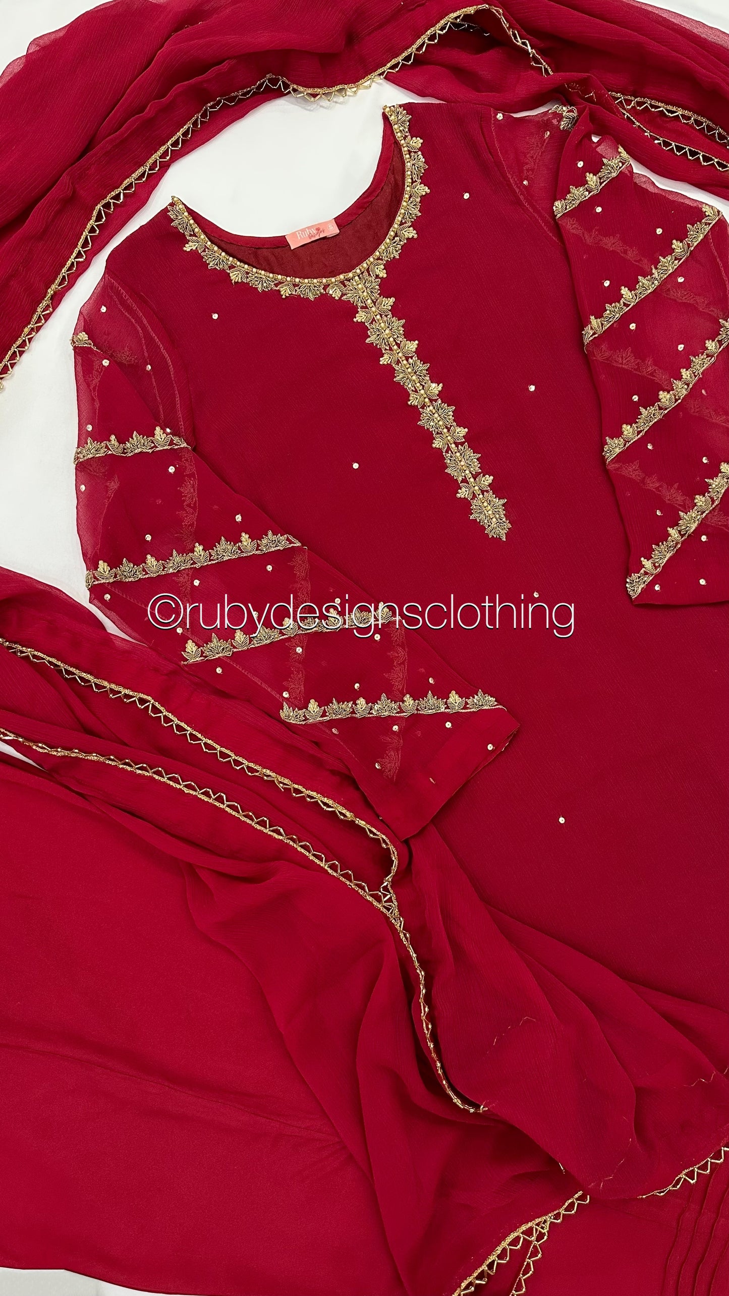 IRHA Red - 3 Piece Chiffon Suit with Gold Handwork (8068330946773)