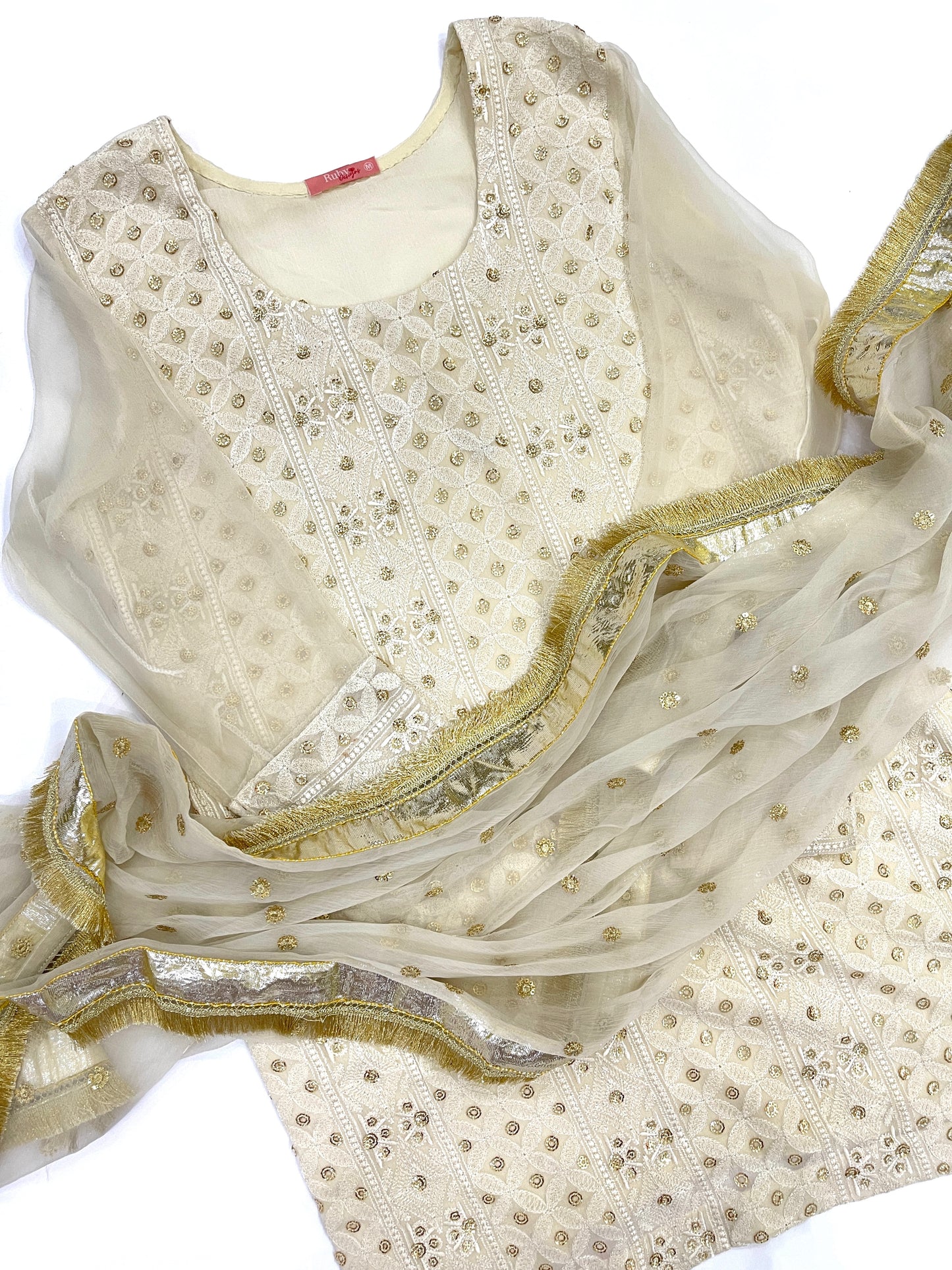 YASMIN - 3 Piece Luxury Off-White and Gold Chikankari Chiffon Suit with Gharara (7504708600021)