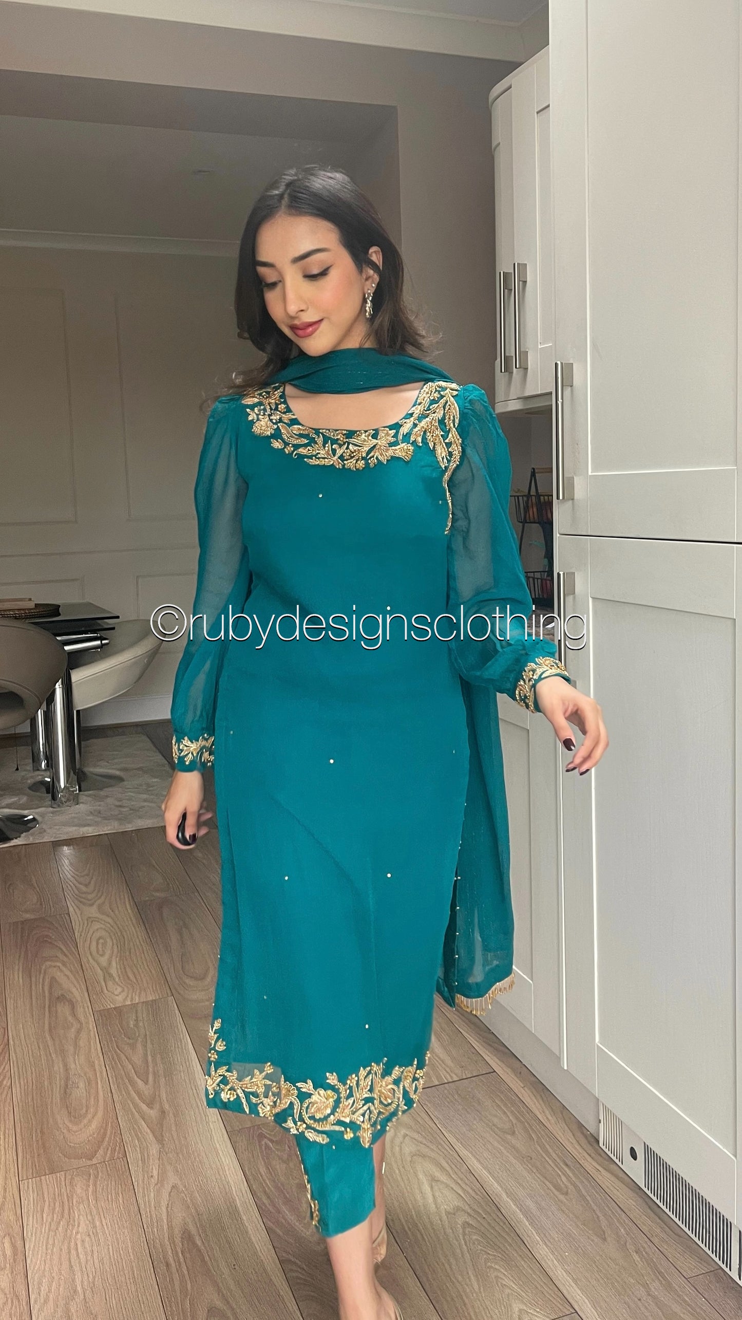 ANEEQA Teal - 4 Piece Chiffon Suit with Gold Handwork (8013104775381)