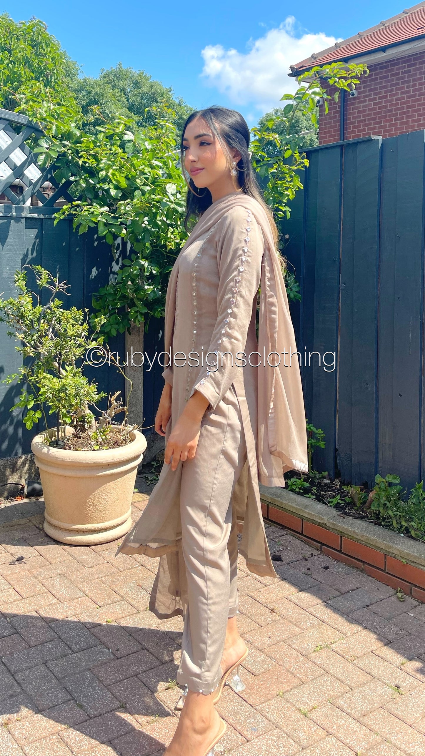 NAYAB - 3 Piece Latte Chiffon Suit with Mirror Details (6746518421688)