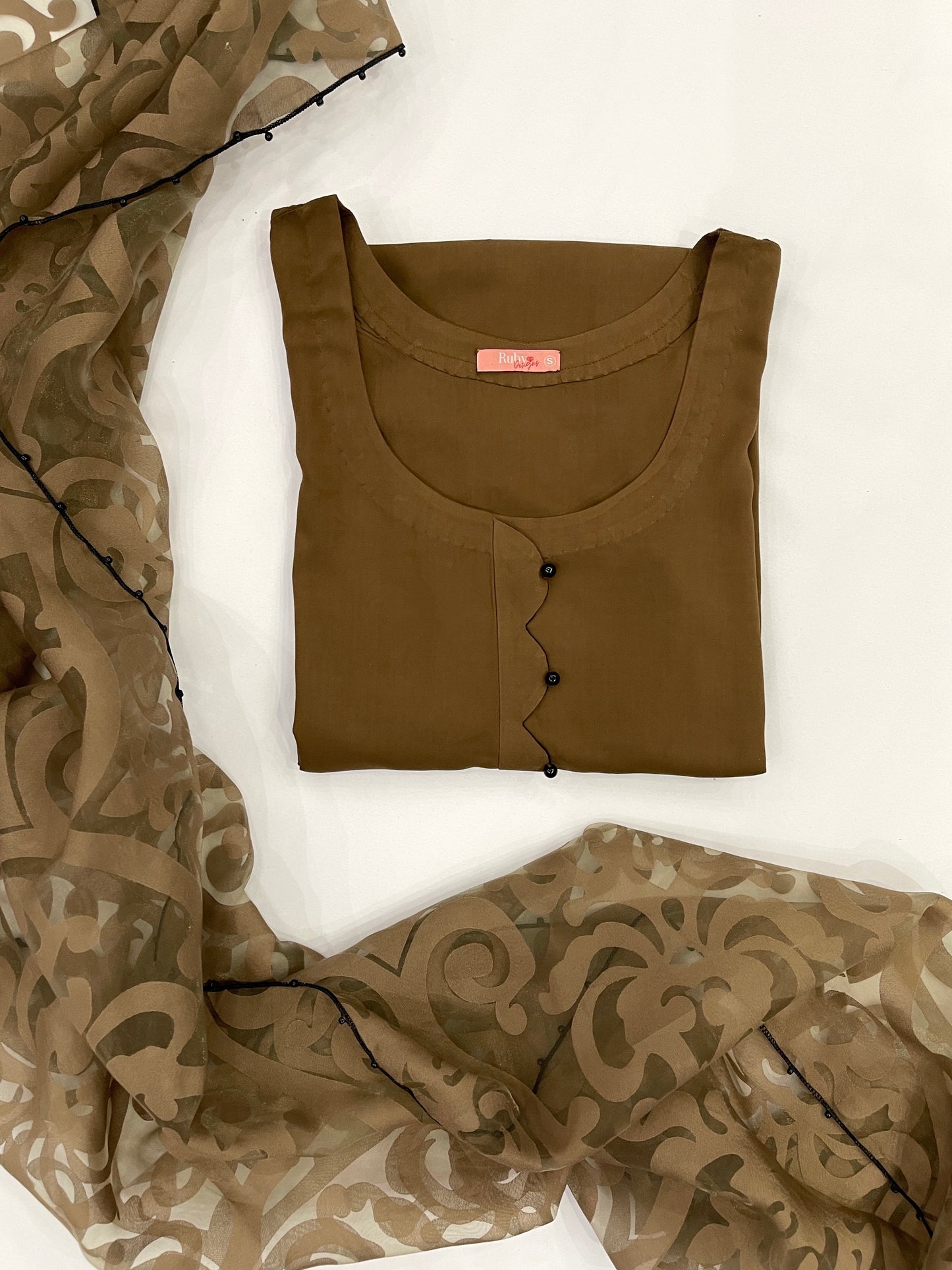 HIBAH - 3 Piece Brown Linen Suit with Printed Organza Dupatta (7472416882901)