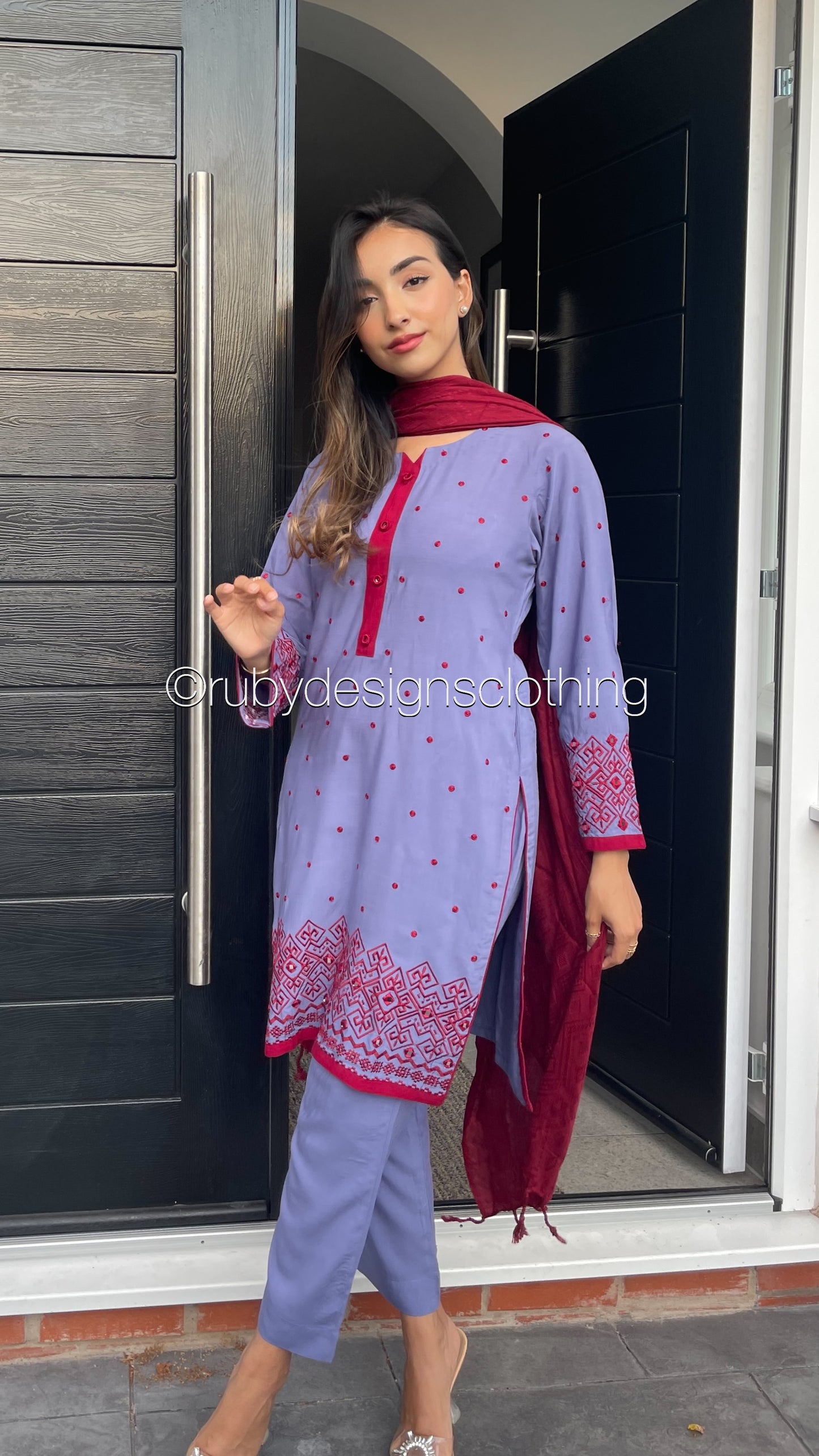 AMINAH - 3 Piece Blue Linen Suit with Maroon Embroidery and Shawl (7875260940501)