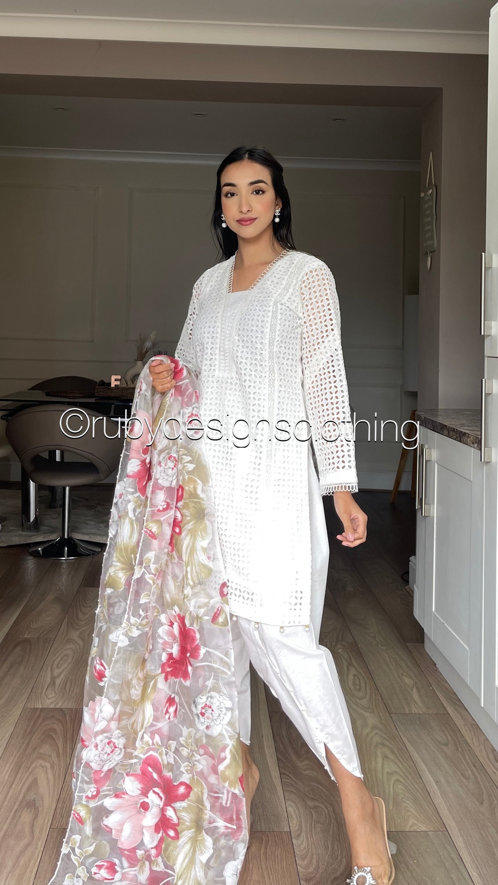 FARIA - 3 Piece White Chikankari Suit with Tulip Trousers and Floral Organza Dupatta (7766626599125)