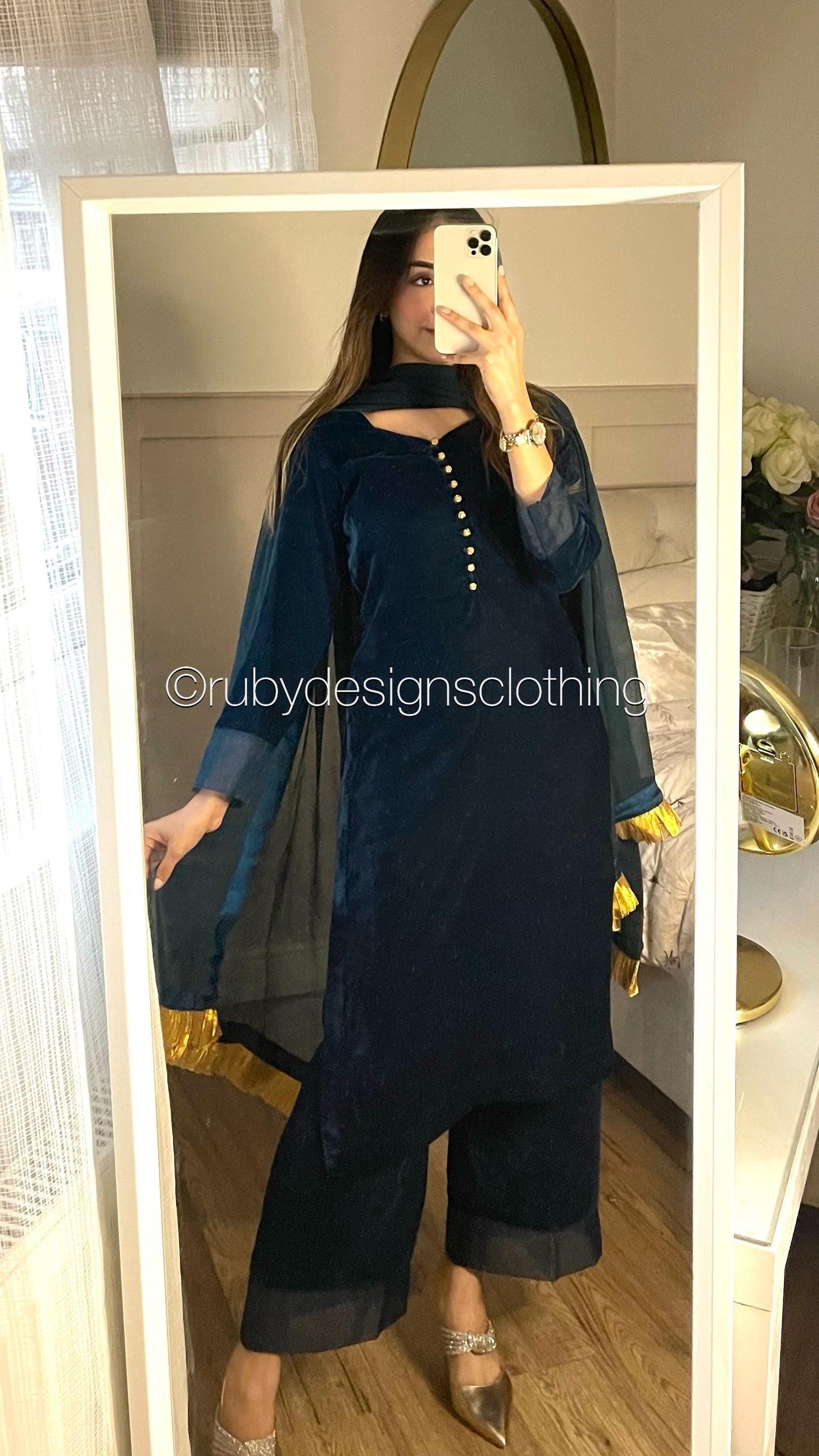 SHARIYA - 3 Piece Blue Velvet Suit with Chiffon Dupatta