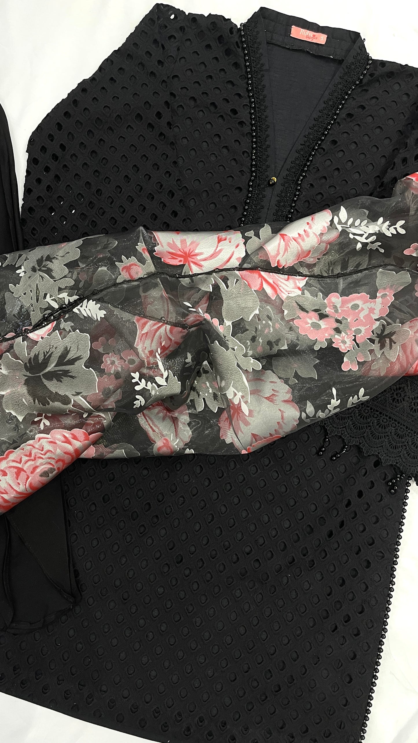 AFYA - 4 Piece Black Chikankari Suit with Tulip Trousers and Floral Organza Dupatta (7762932629717)