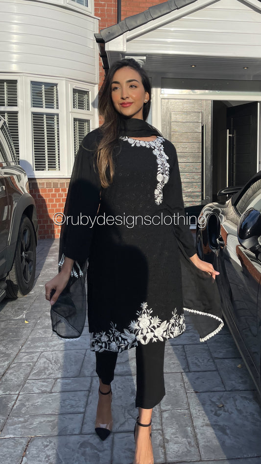 SHIZA Black - 3 Piece Linen Suit with Chiffon Dupatta (7875269099733)