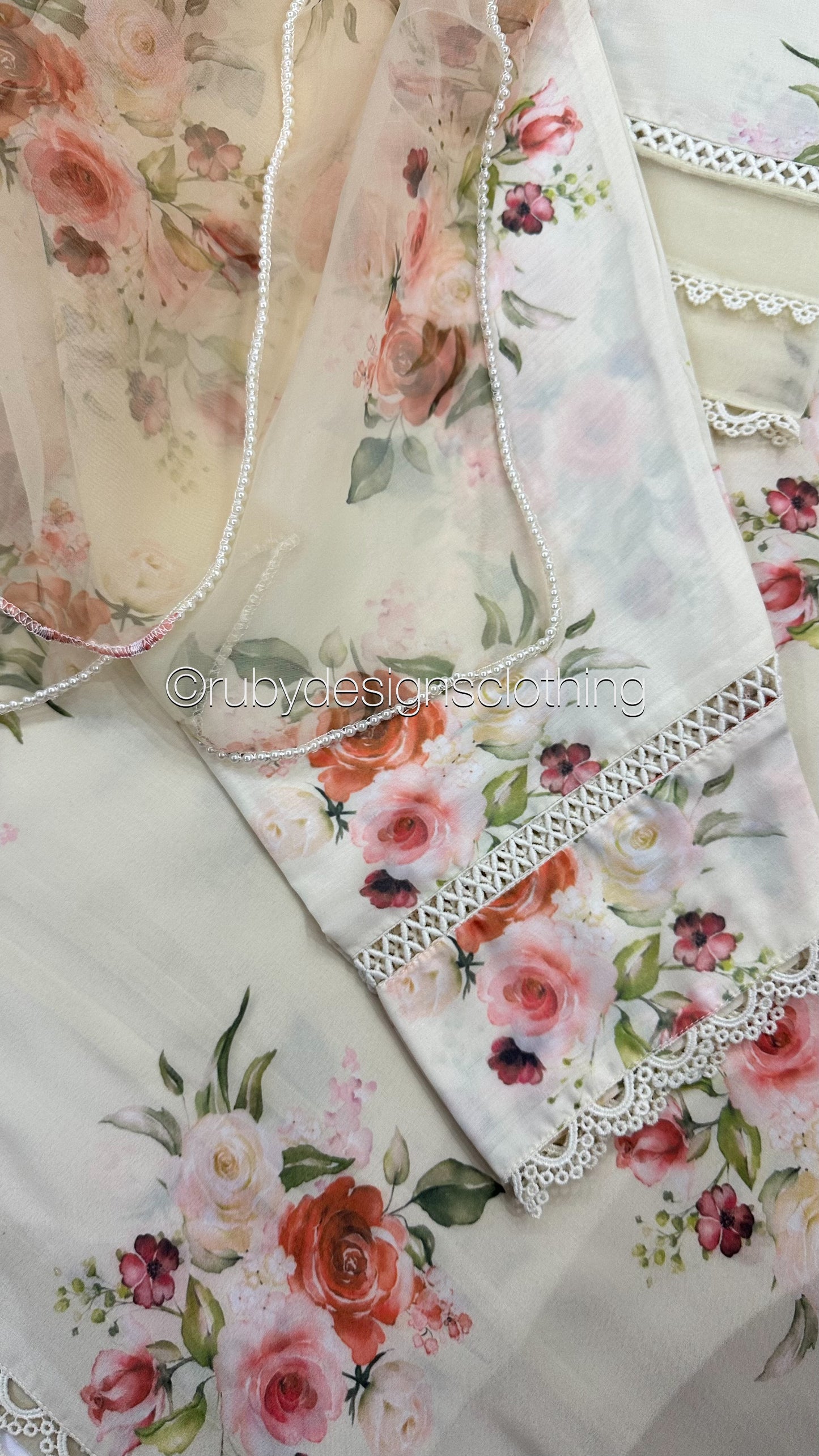 YUSRA - 3 Piece Cream Floral Print Swiss Lawn Suit with Organza Dupatta (8022979281109)