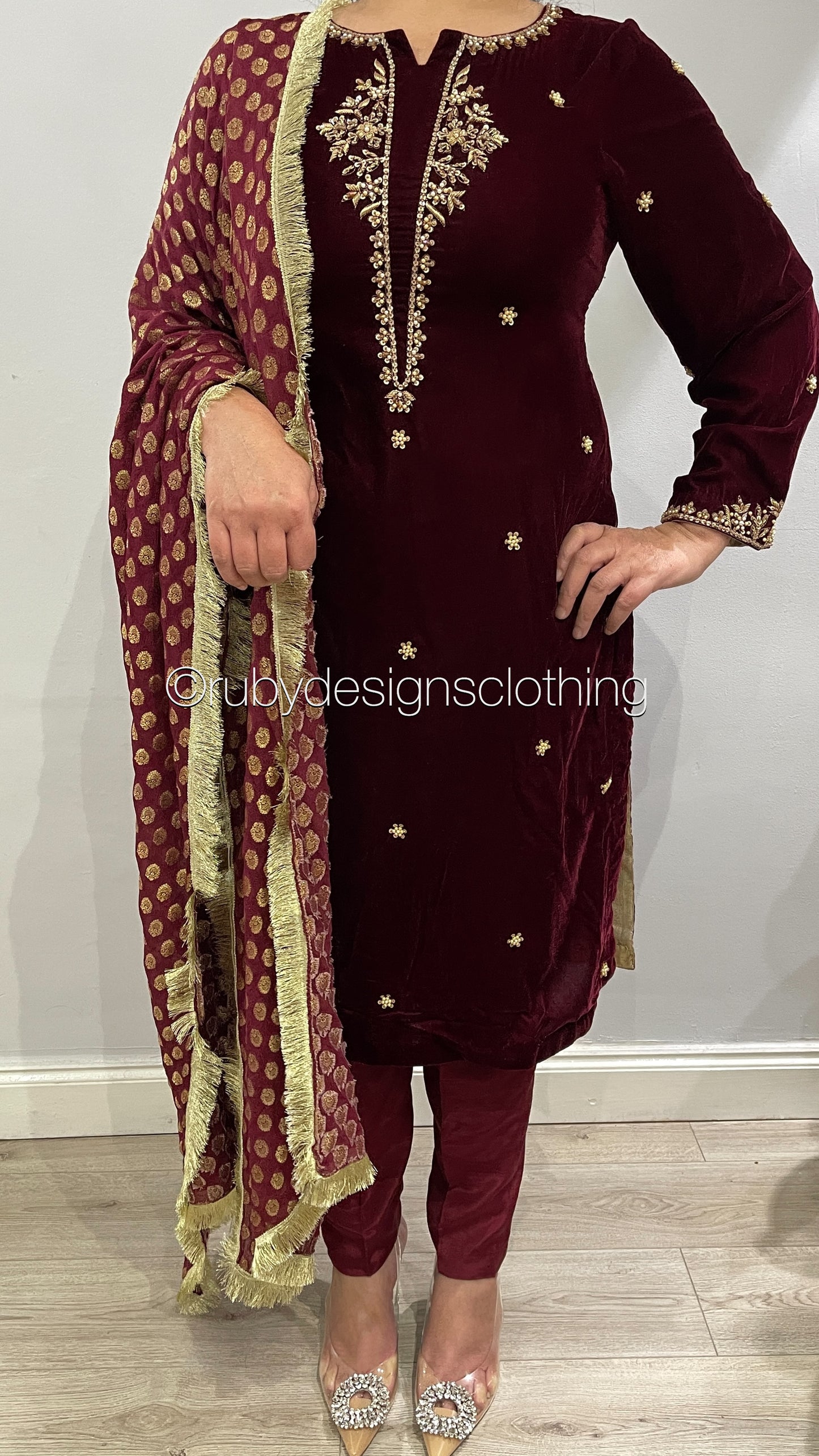 HOORIA - 3 Piece Maroon Velvet Suit with Jamawar Chiffon Dupatta (7960240947413)