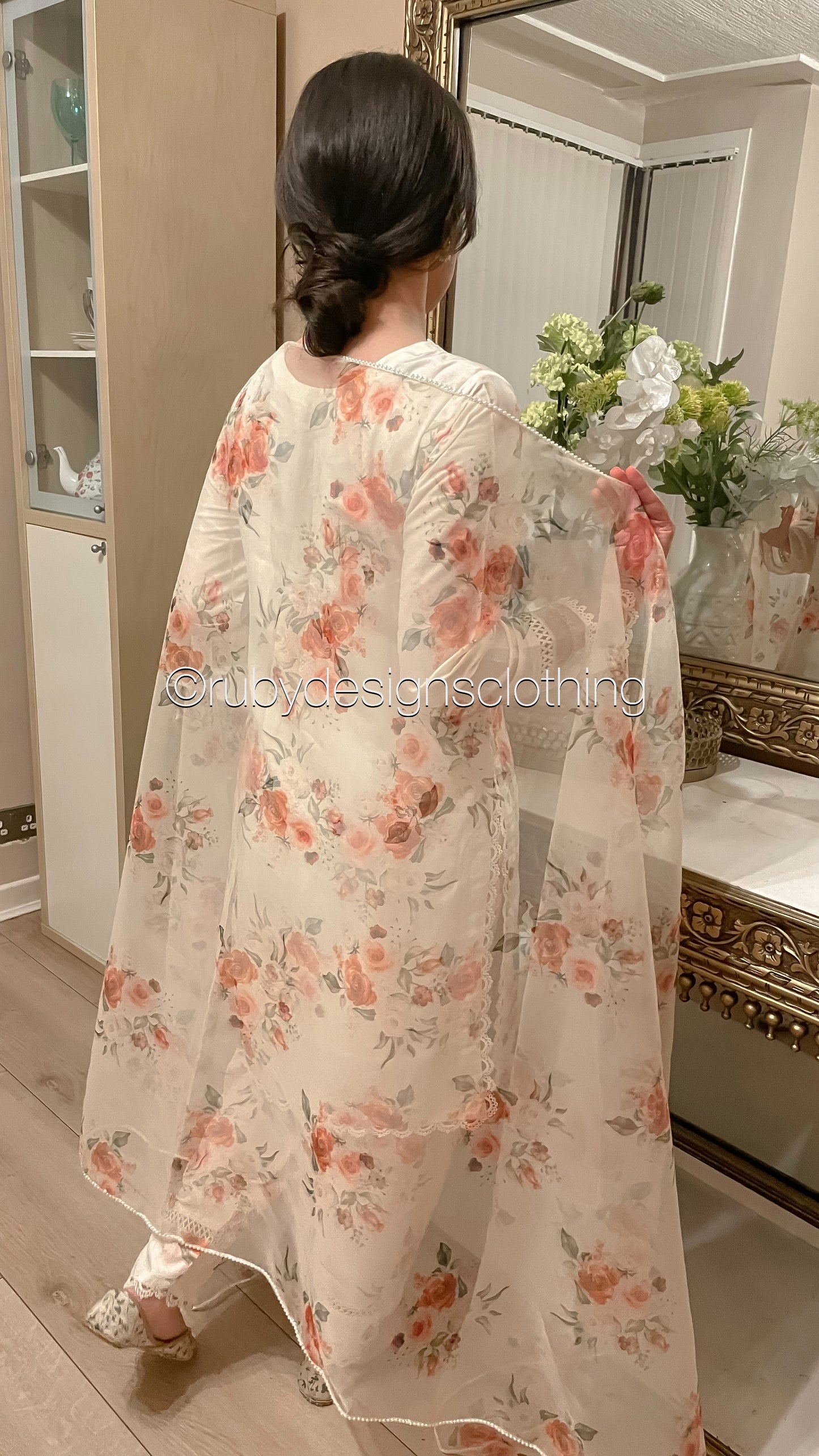 YUSRA - 3 Piece Cream Floral Print Swiss Lawn Suit with Organza Dupatta (8022979281109)