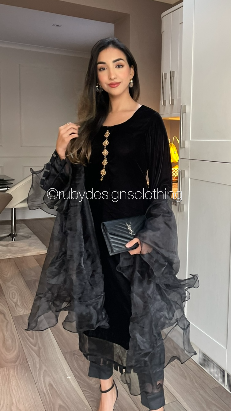 SAADIA - 3 Piece Black Velvet Suit with Organza Dupatta (7547181957333)
