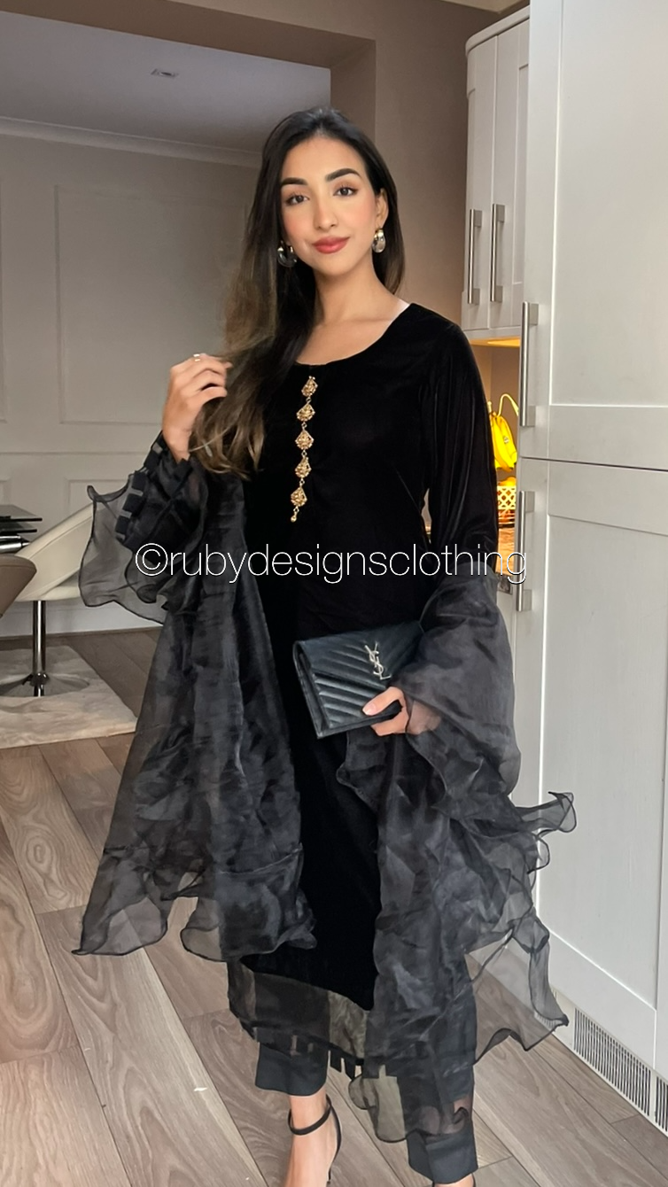 SAADIA - 3 Piece Black Velvet Suit with Organza Dupatta