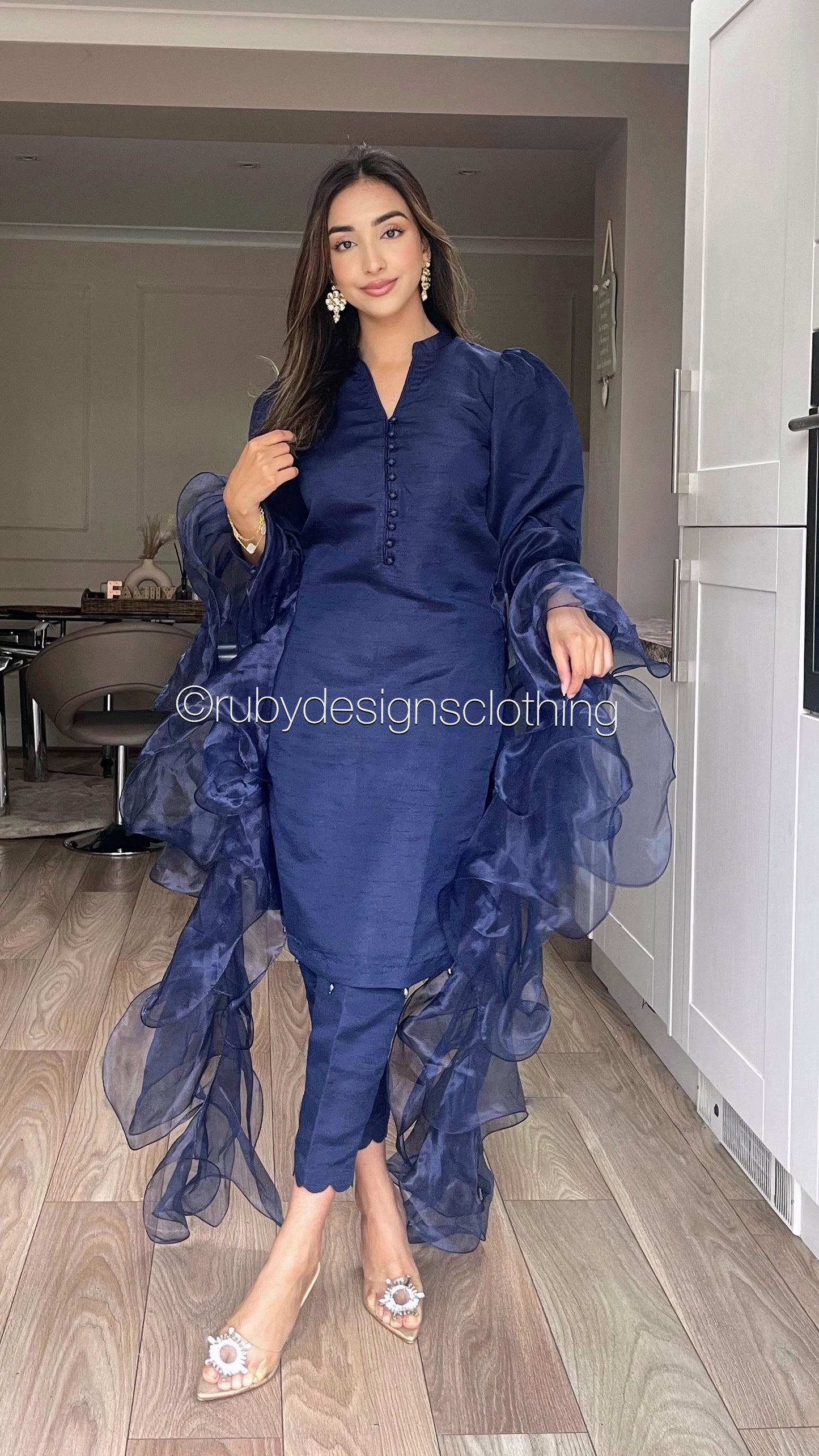 ZAARA Navy - 3 Piece Raw Silk Suit with Organza Ruffle Dupatta (7804046704853)
