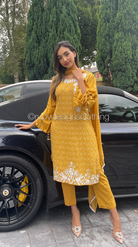 SHIZA Mustard - 3 Piece Linen Suit with Chiffon Dupatta (7875279814869) (8747712839893)