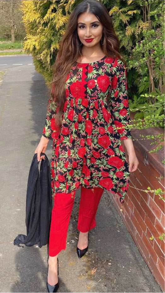 3 Piece Red Linen Floral Print Dress (6577920606392)