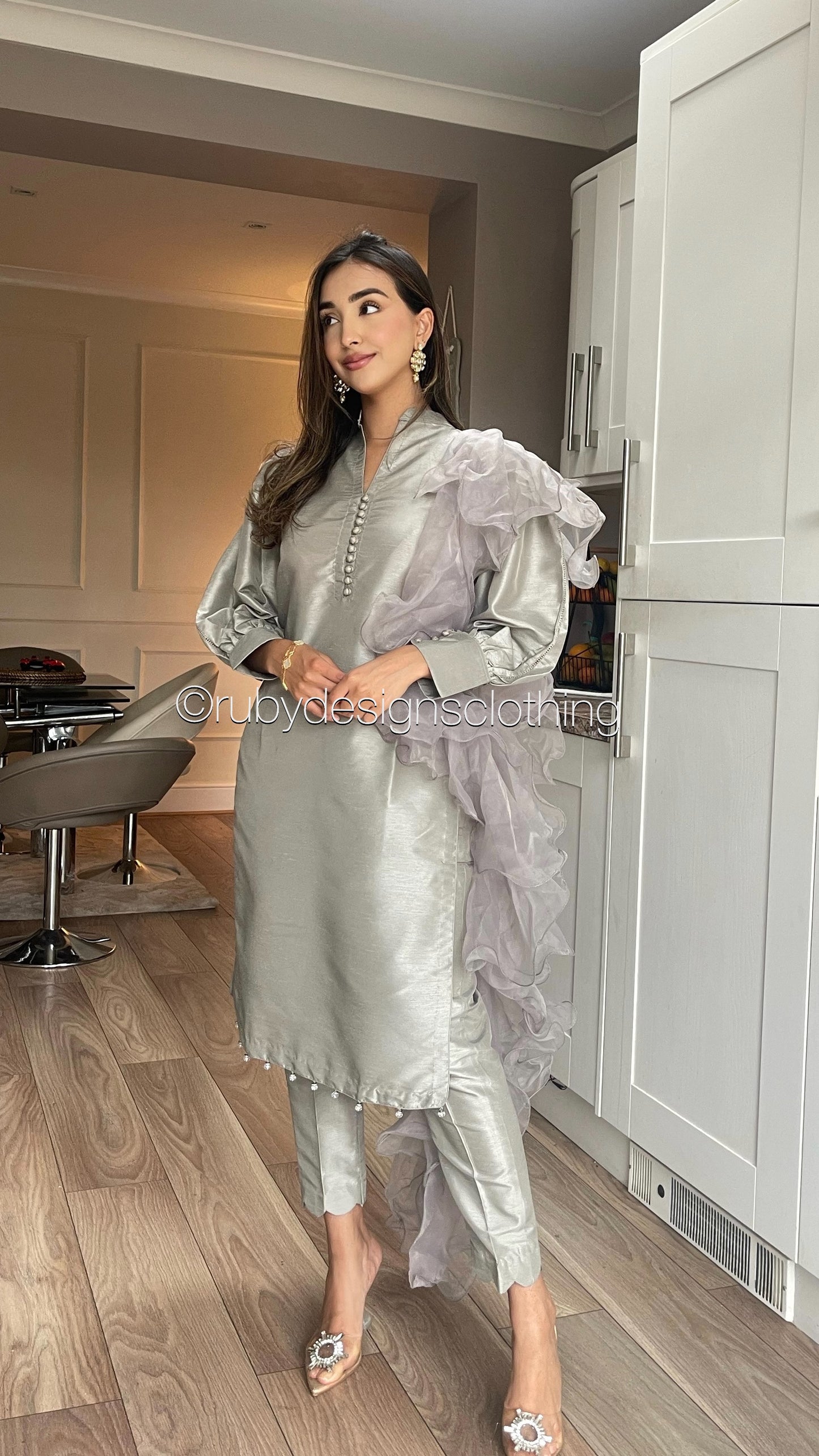 LAYLA Grey - 3 Piece Raw Silk Suit with Ruffle Dupatta (7803832533205)