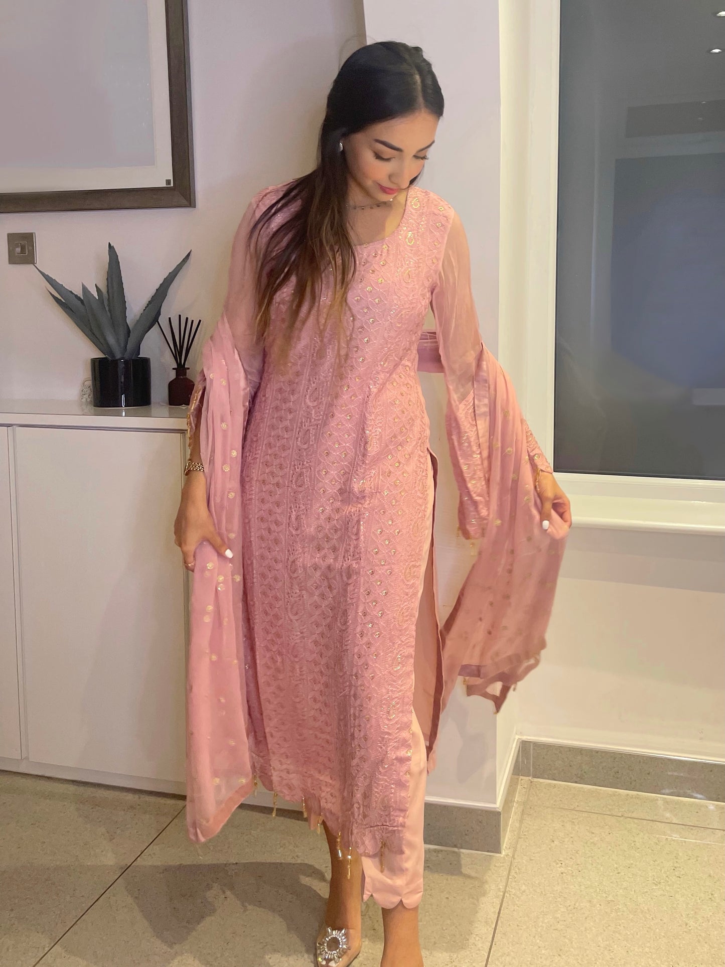 FAIZA - 3 Piece Pink Chikankari Chiffon Suit with Pure Chiffon Dupatta (7462993789141)