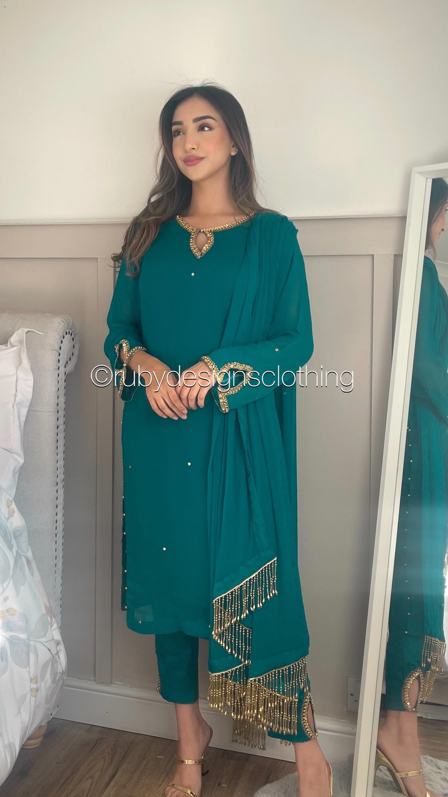 LIMITED EDITION HAYA Deep Sea Green - 3 Piece Chiffon Suit with Hand Embellished Neckline (7914318266581) (8748083511509)