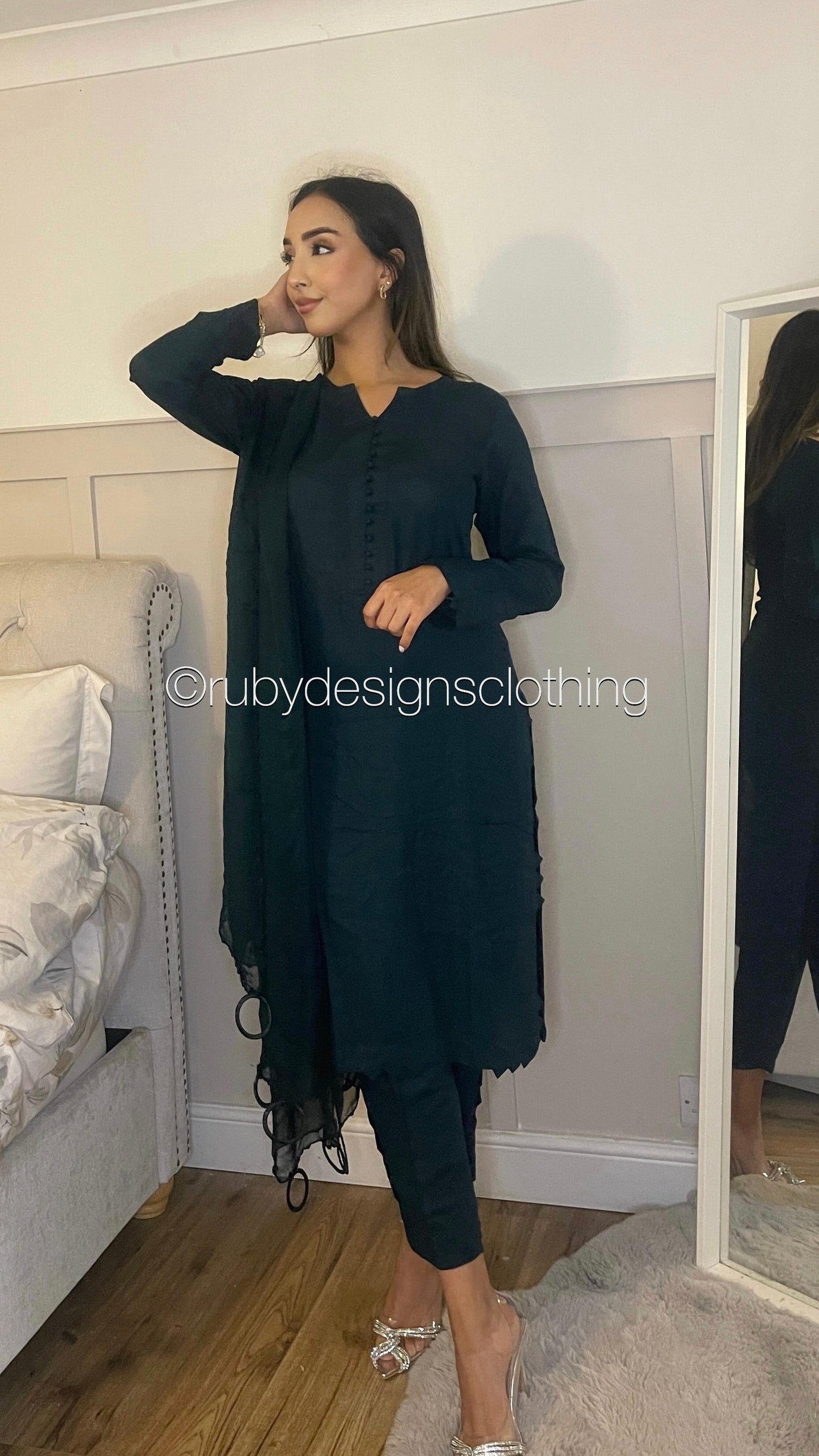MARWA - 3 Piece Forest Green Linen Suit with Chiffon Dupatta (7903129731285)