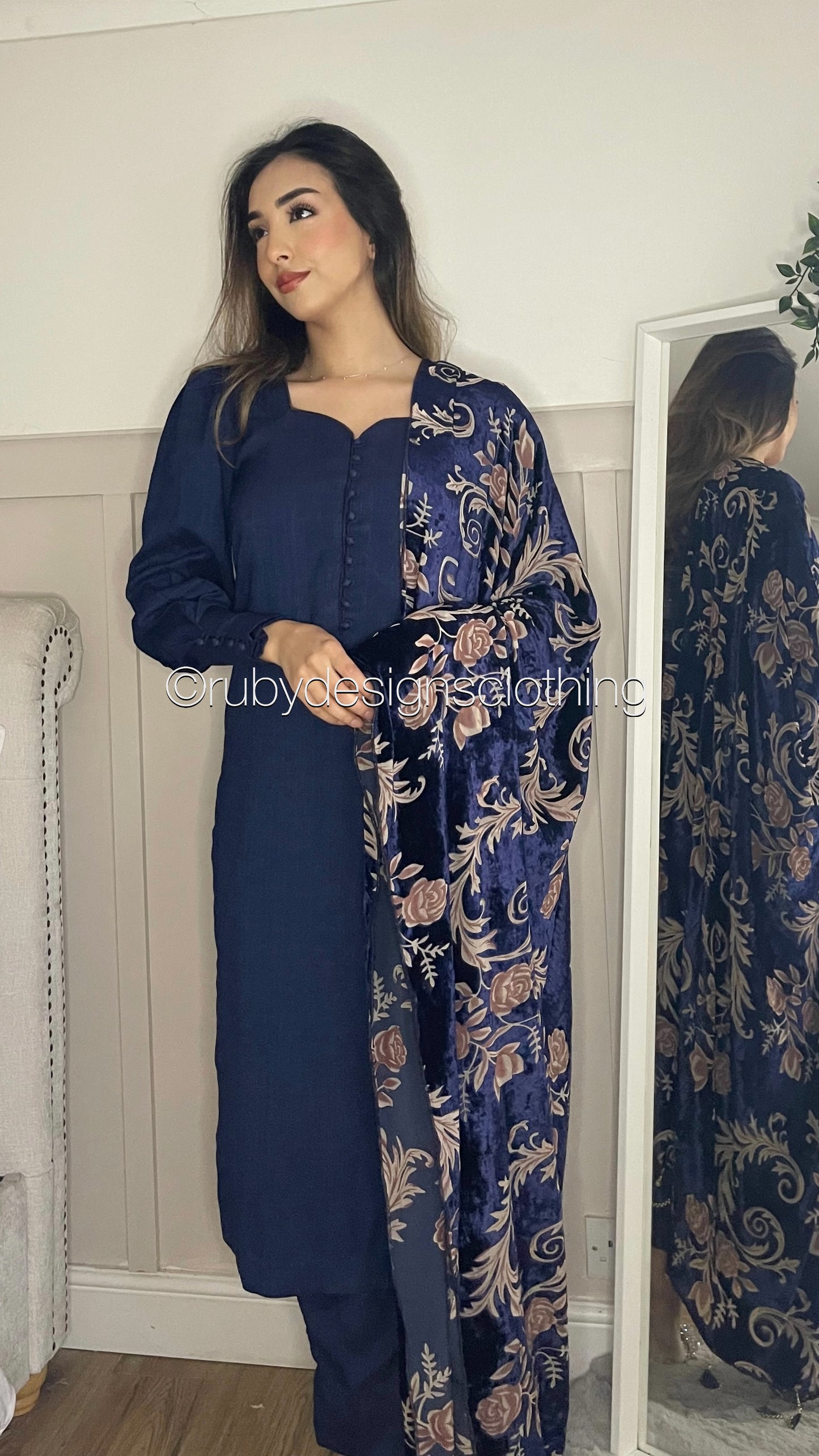 MARYAM Navy - 3 Piece Navy Suit with Velvet Palachi Shawl (7974929760469) (8747713822933)