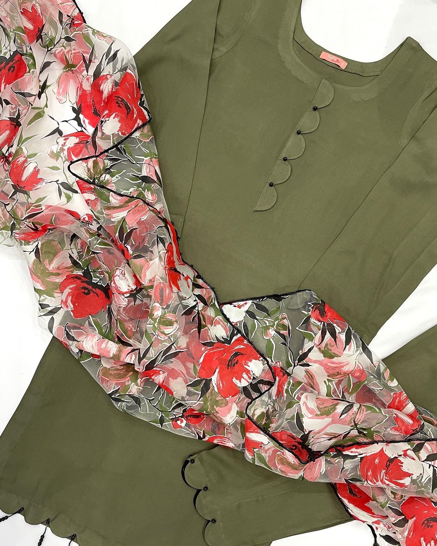 ALISHBA - 3 Piece Khaki Marina Suit with Floral Print Organza Dupatta (7540892795093)