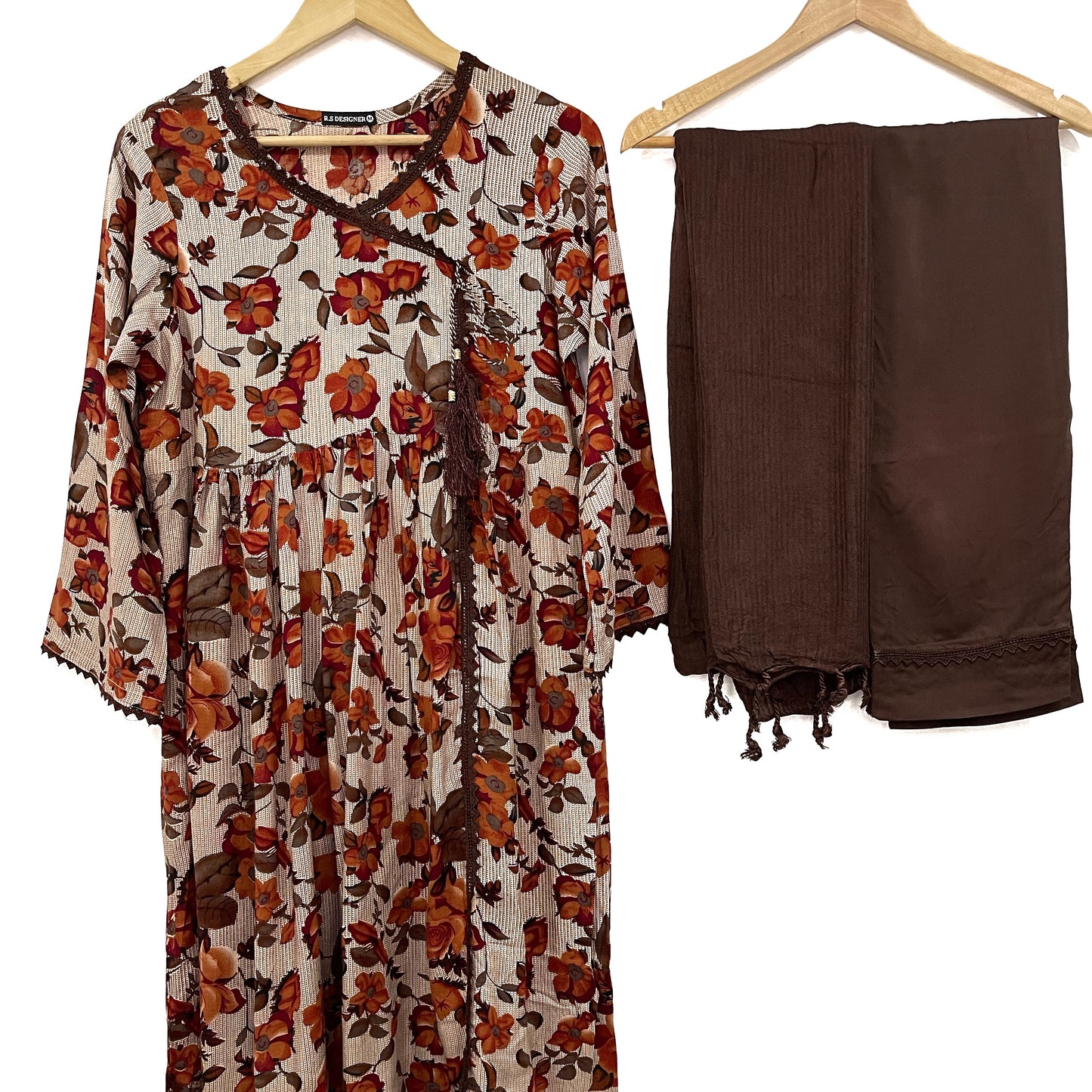 Brown 3 Piece Linen Floral Print Dress (6577917690040)