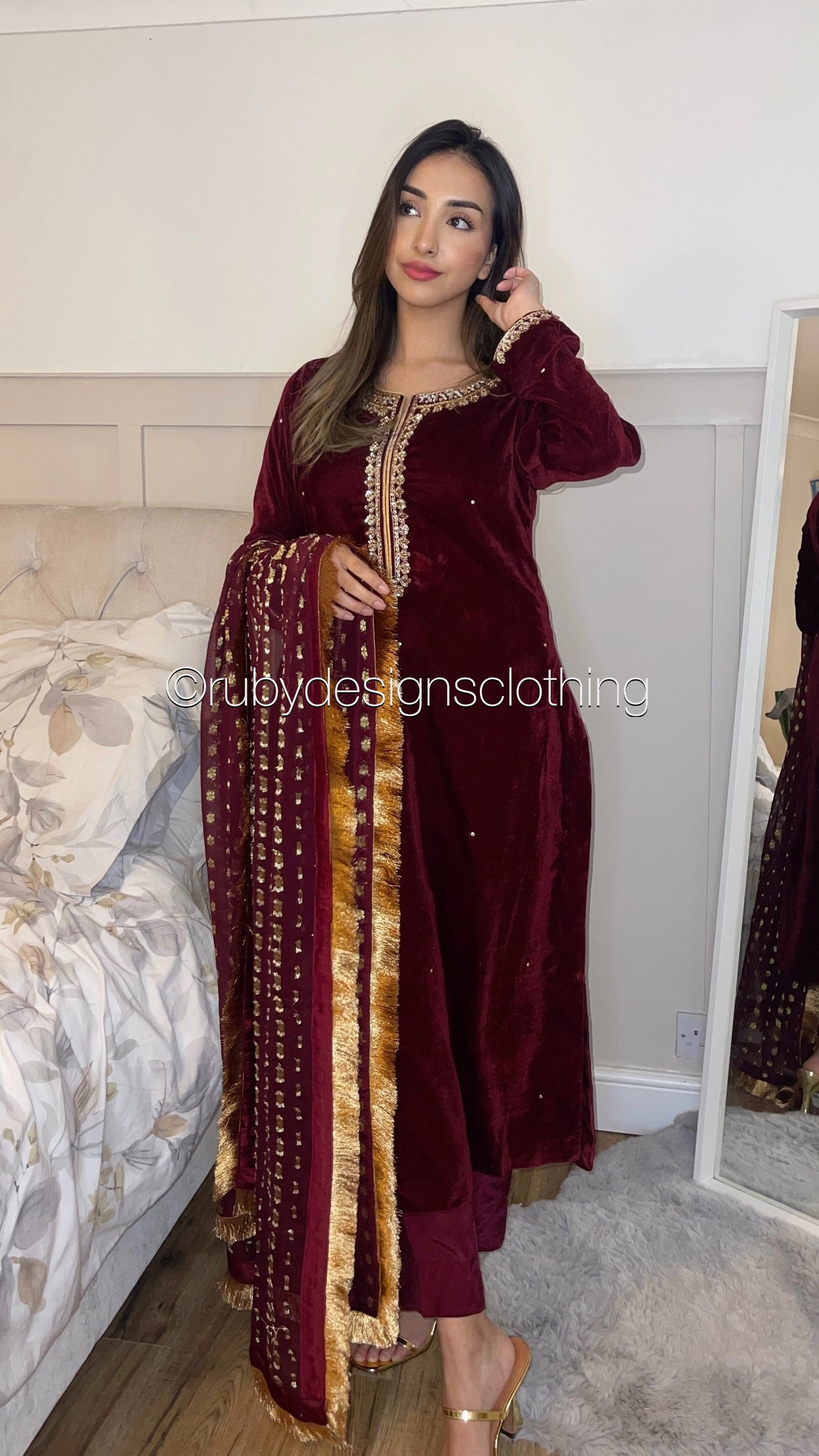 HAFSA - 3 Piece Maroon Velvet Suit with Jamawar Chiffon Dupatta (7953755570389)