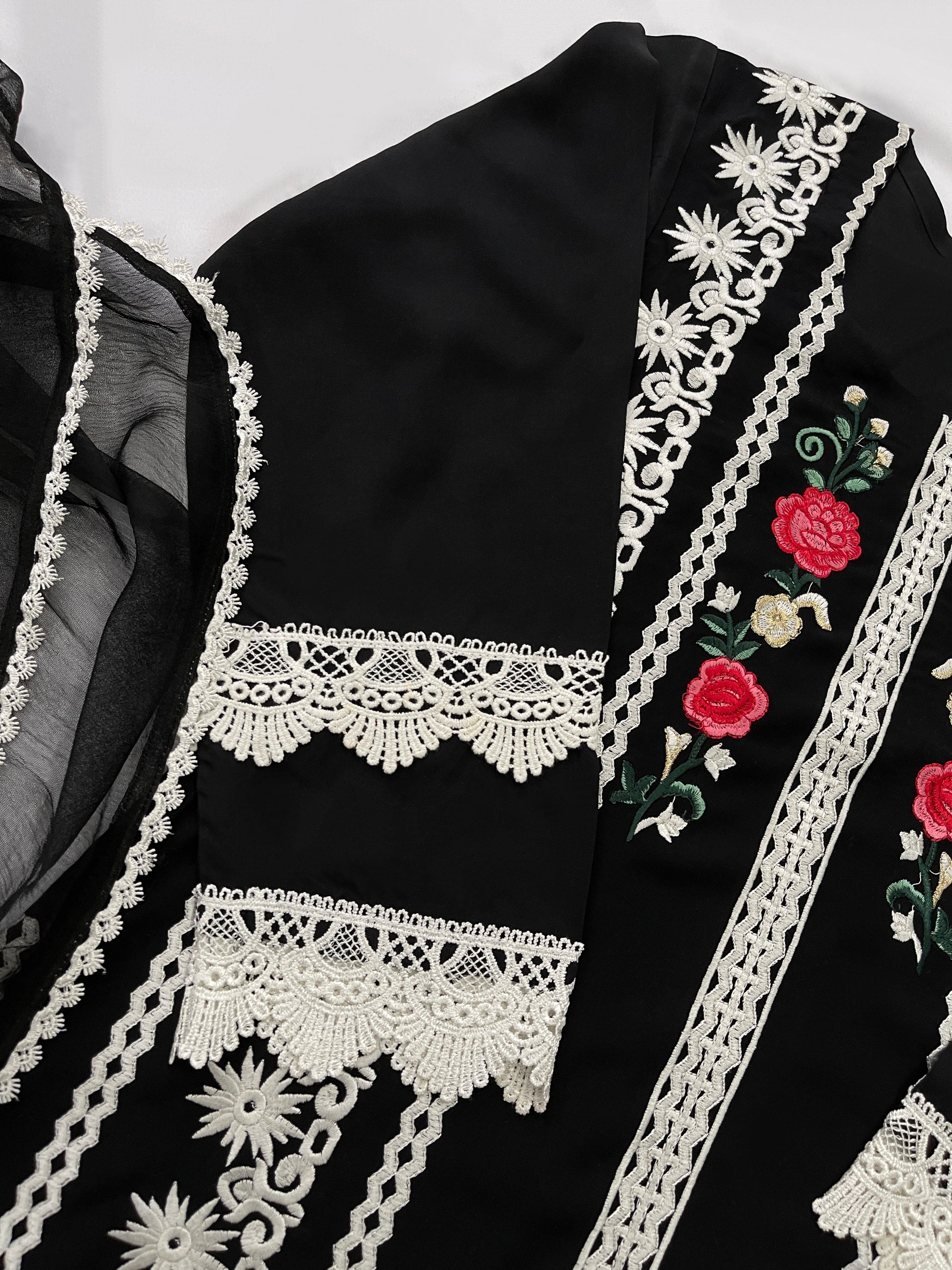 TAHERA - 3 Piece Black Linen Suit with White Lace and Embroidery (7447670227157)