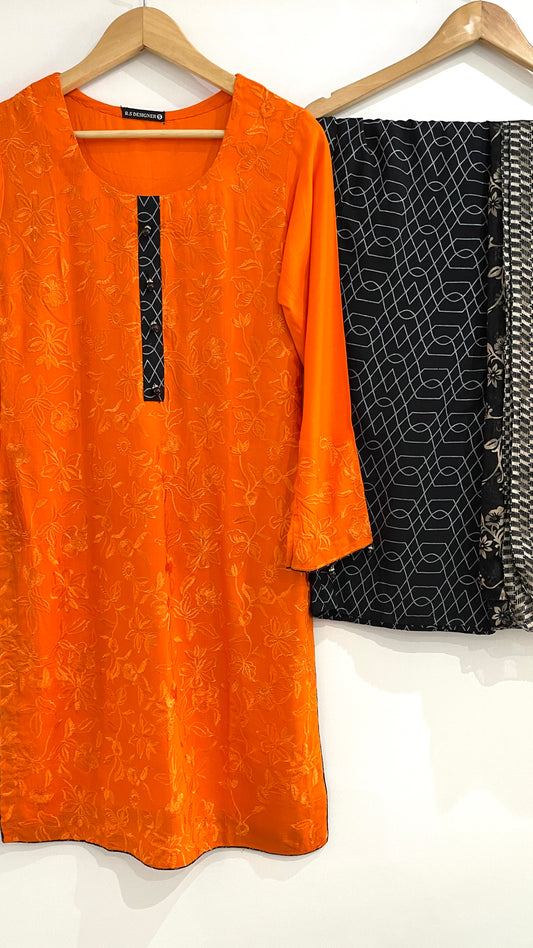 Orange 3 Piece Embroidered Linen Suit (6934528524472)