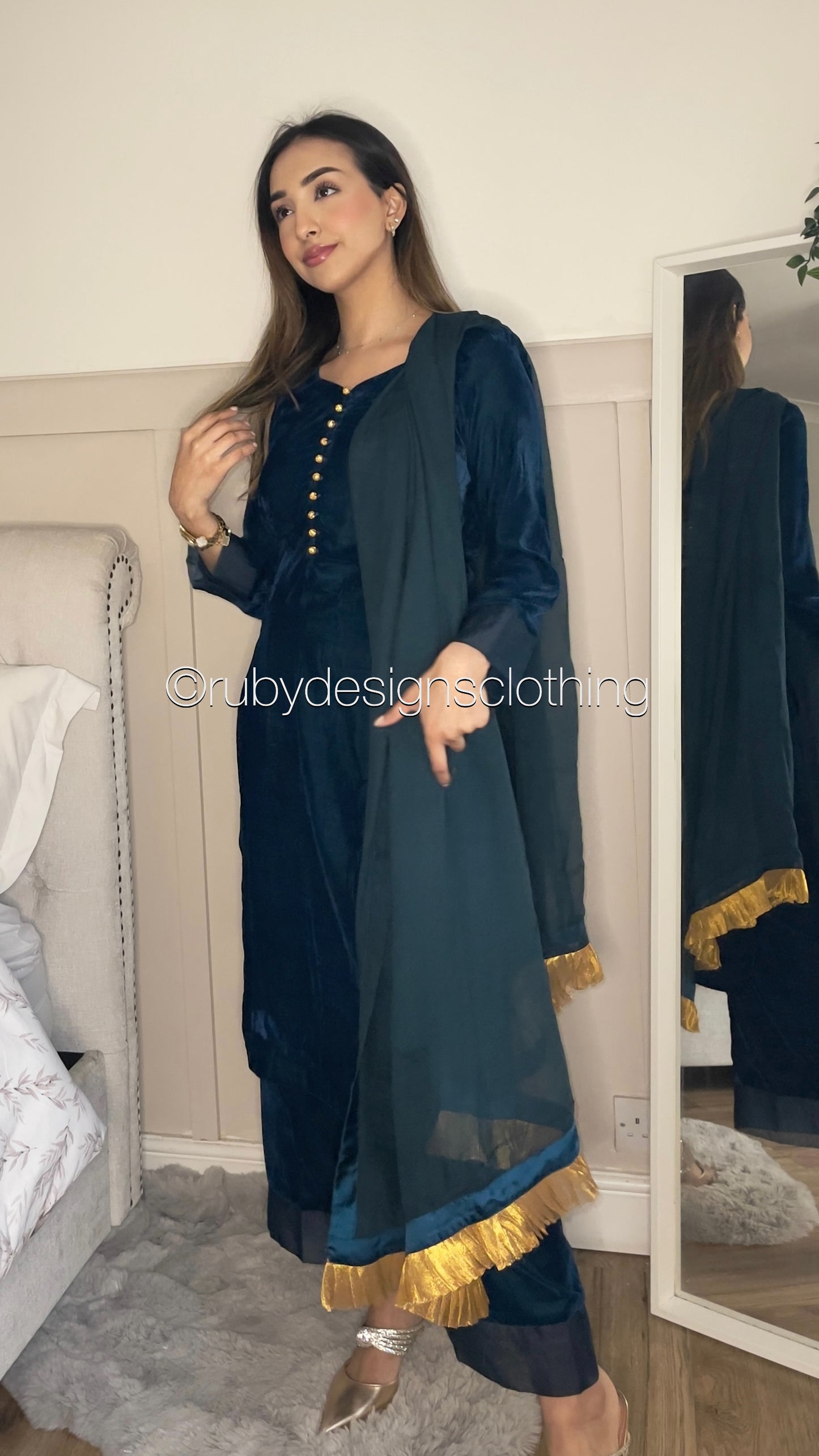 SHARIYA - 3 Piece Blue Velvet Suit with Chiffon Dupatta