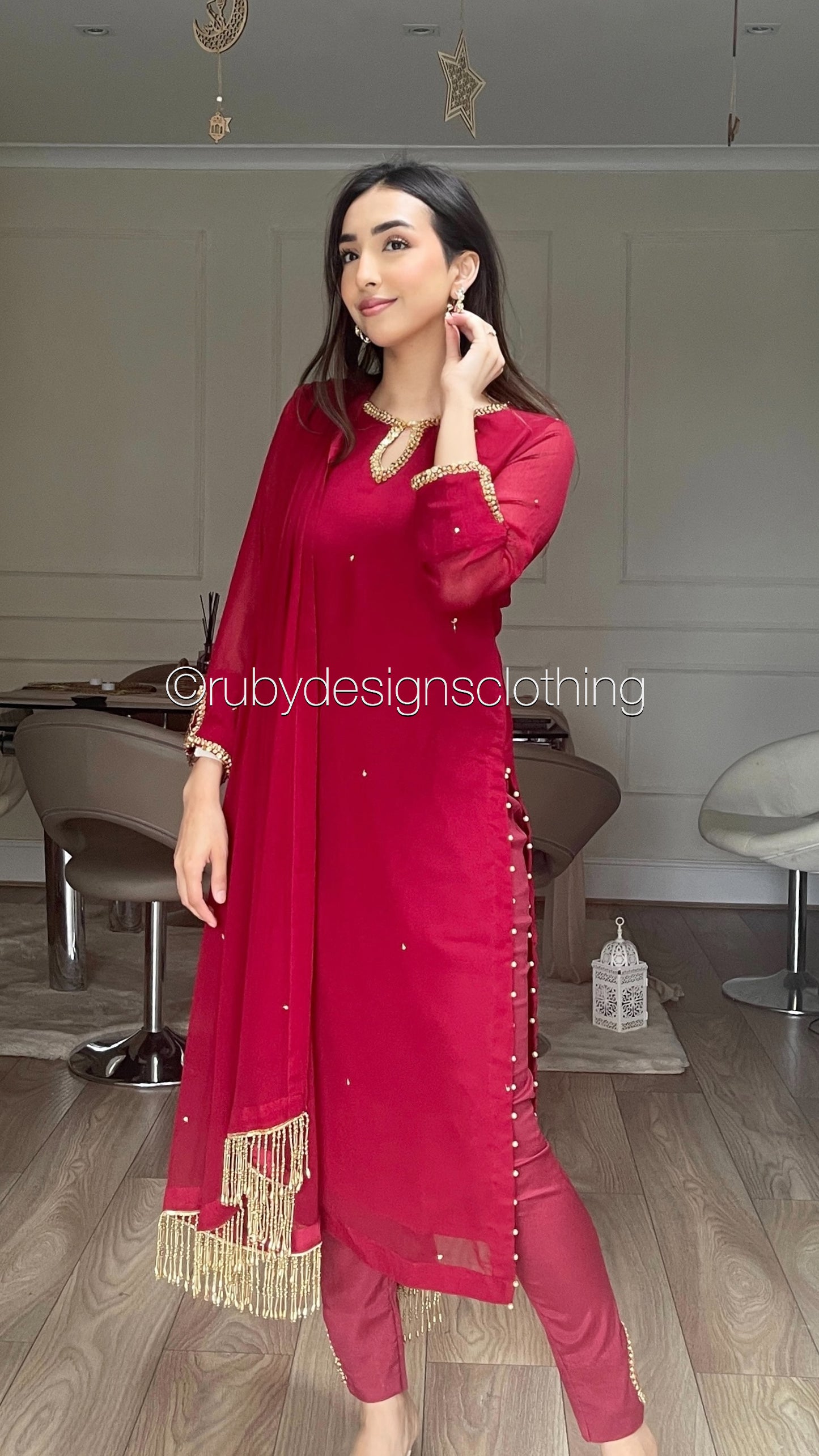 HAYA Maroon - 3 Piece Chiffon Suit with Hand Embellished Neckline (8026579861717)