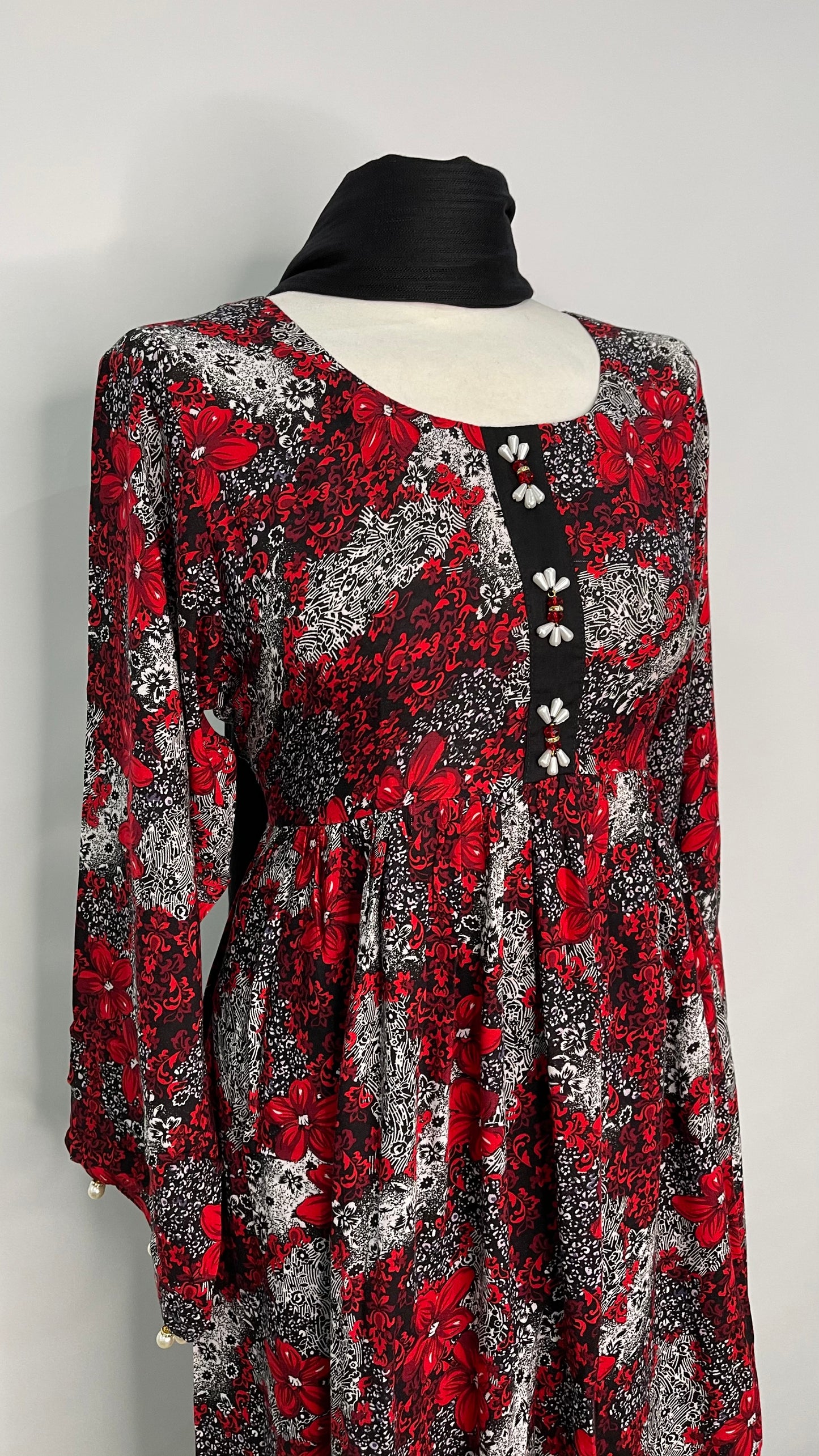 3 Piece Linen Red and White Floral Print Dress (6577922048184)