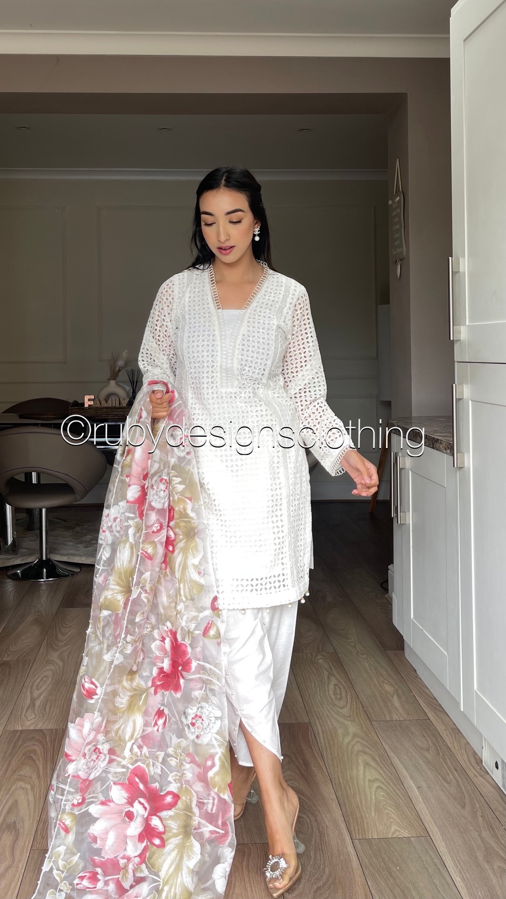 FARIA - 3 Piece White Chikankari Suit with Tulip Trousers and Floral Organza Dupatta (7766626599125)