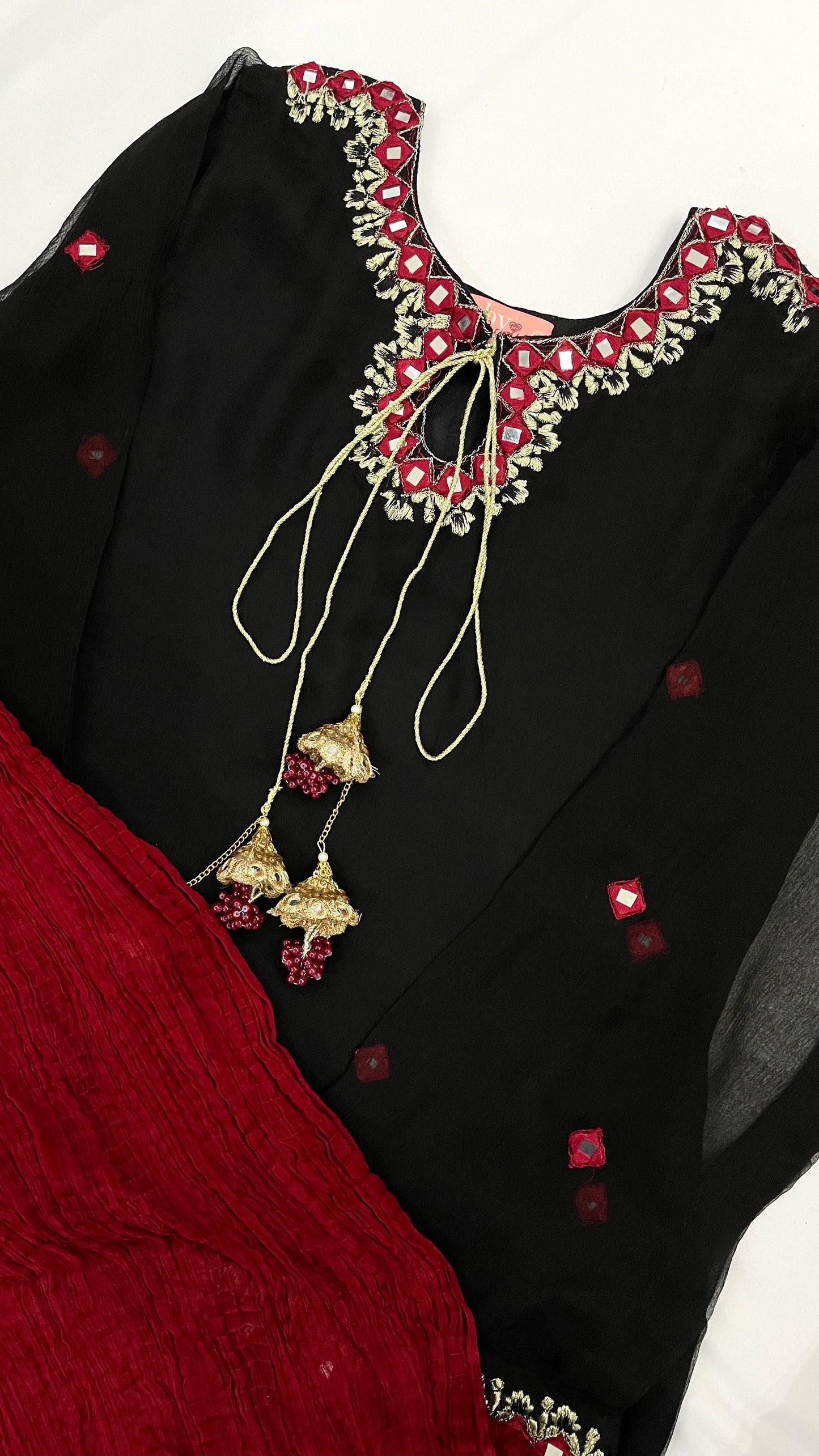 FARAH - Black 3 Piece Chiffon Suit with Mirror Details and Crushed Dupatta (7675764539605)