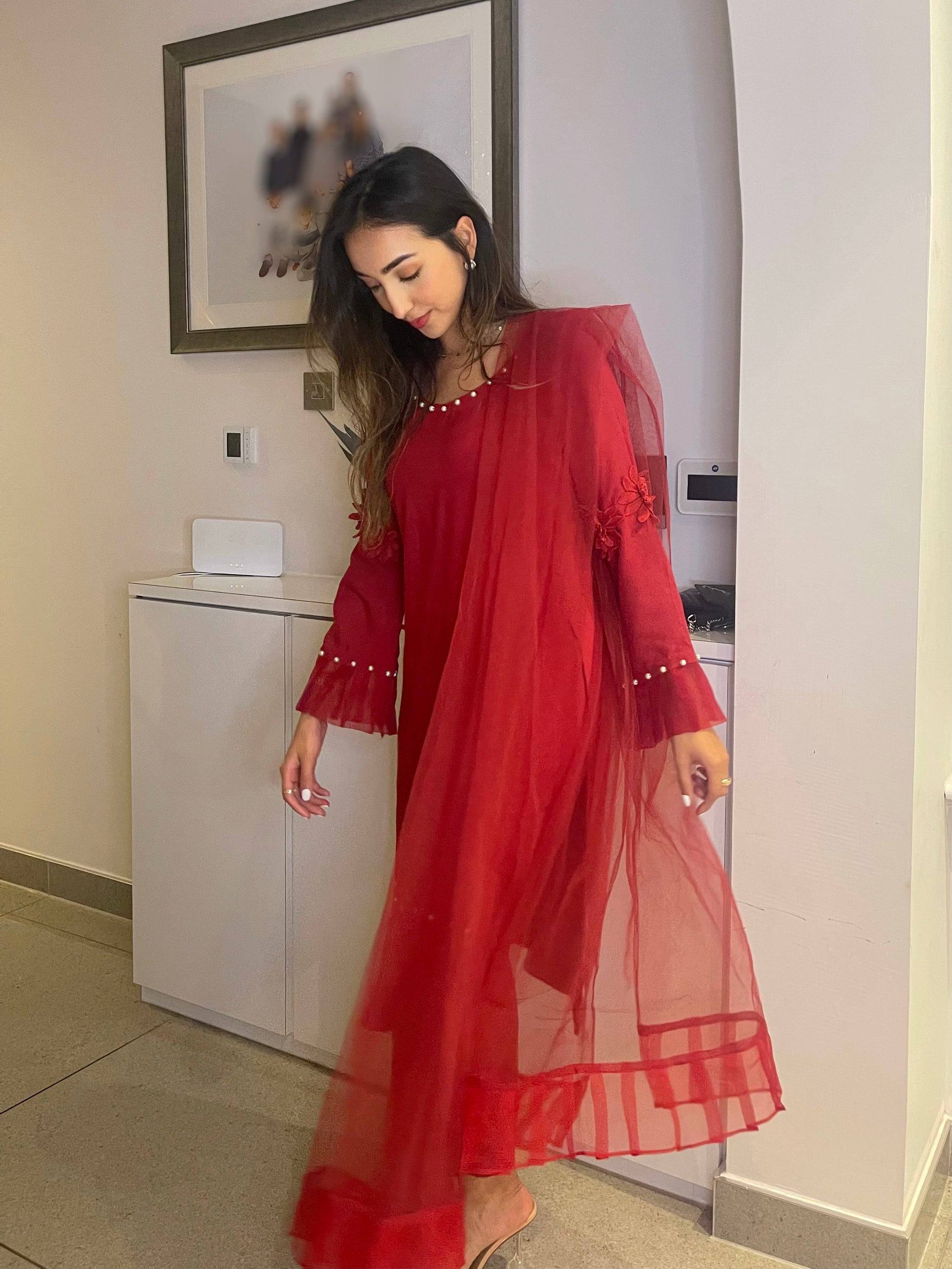 SABRINA - 3 Piece Deep Red Linen Suit with Pearl Details and 3D Flowers (7480619335893)