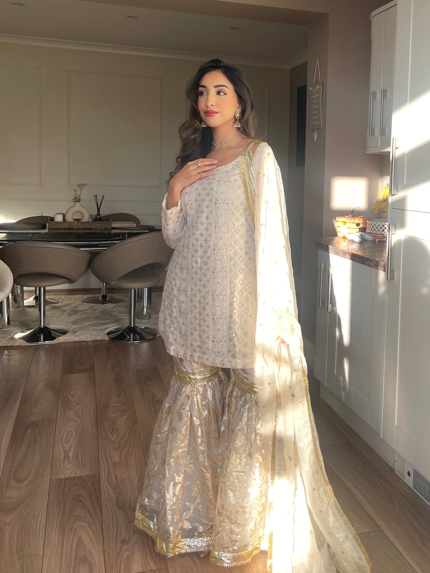 YASMIN - 3 Piece Luxury Off-White and Gold Chikankari Chiffon Suit with Gharara (7504708600021)
