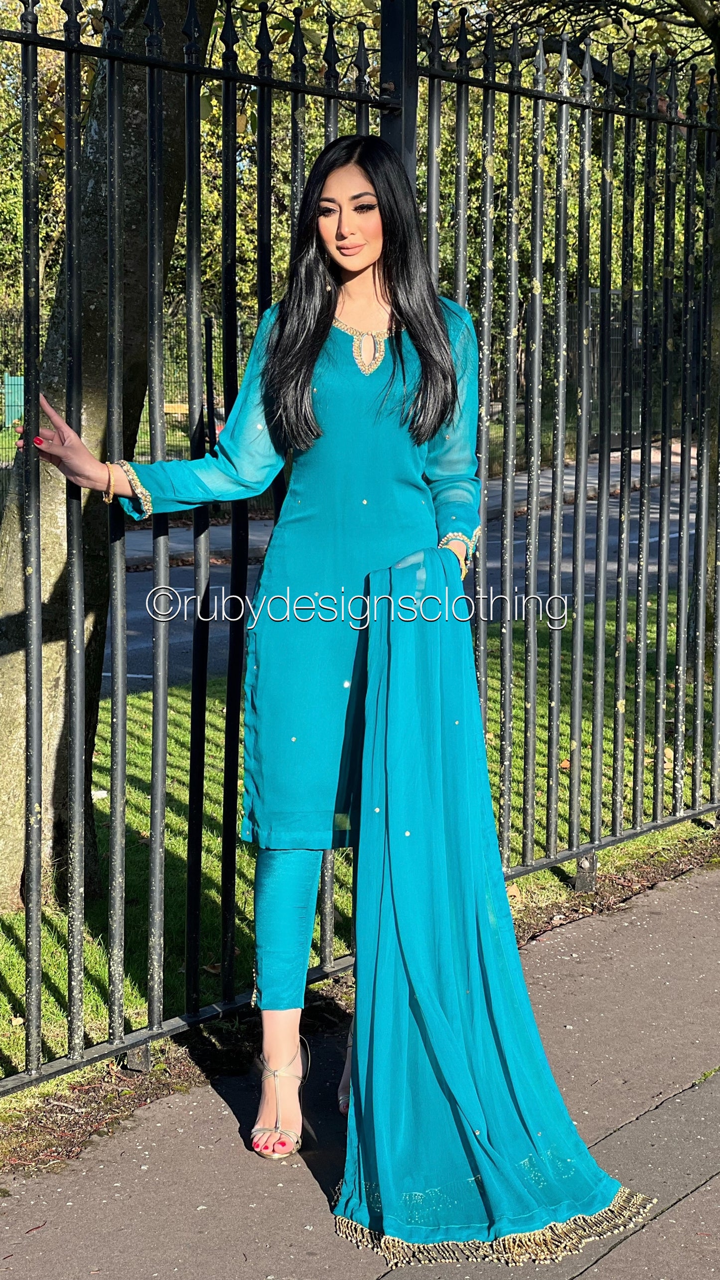LIMITED EDITION HAYA Deep Sea Green - 3 Piece Chiffon Suit with Hand Embellished Neckline (7914318266581) (8748083511509)