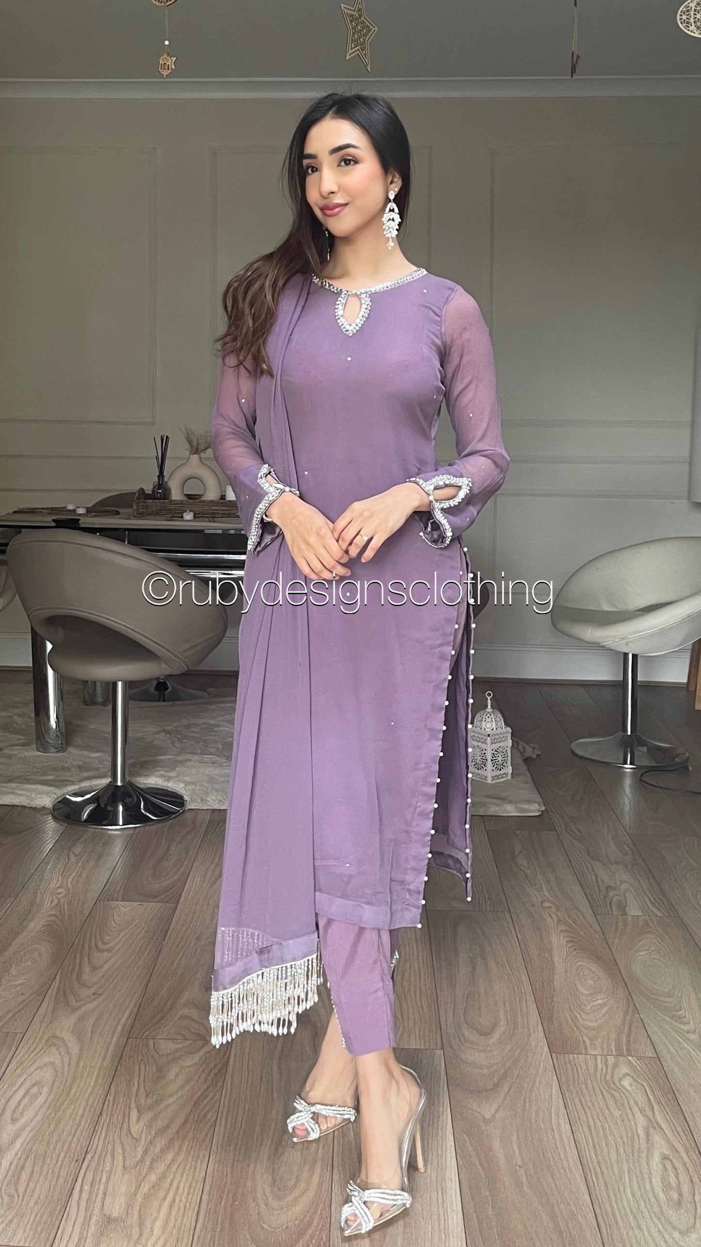 HAYA Mauve - 3 Piece Chiffon Suit with Hand Embellished Neckline (8026579763413)